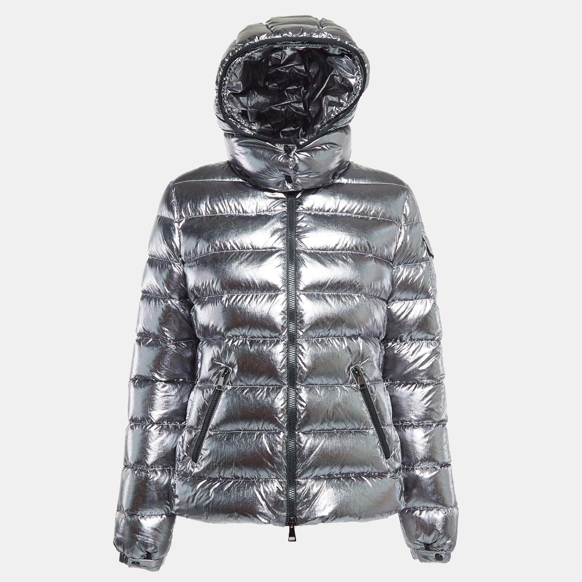 Moncler Silver Synthetic Detachable Hood Quilted Down Jacket M