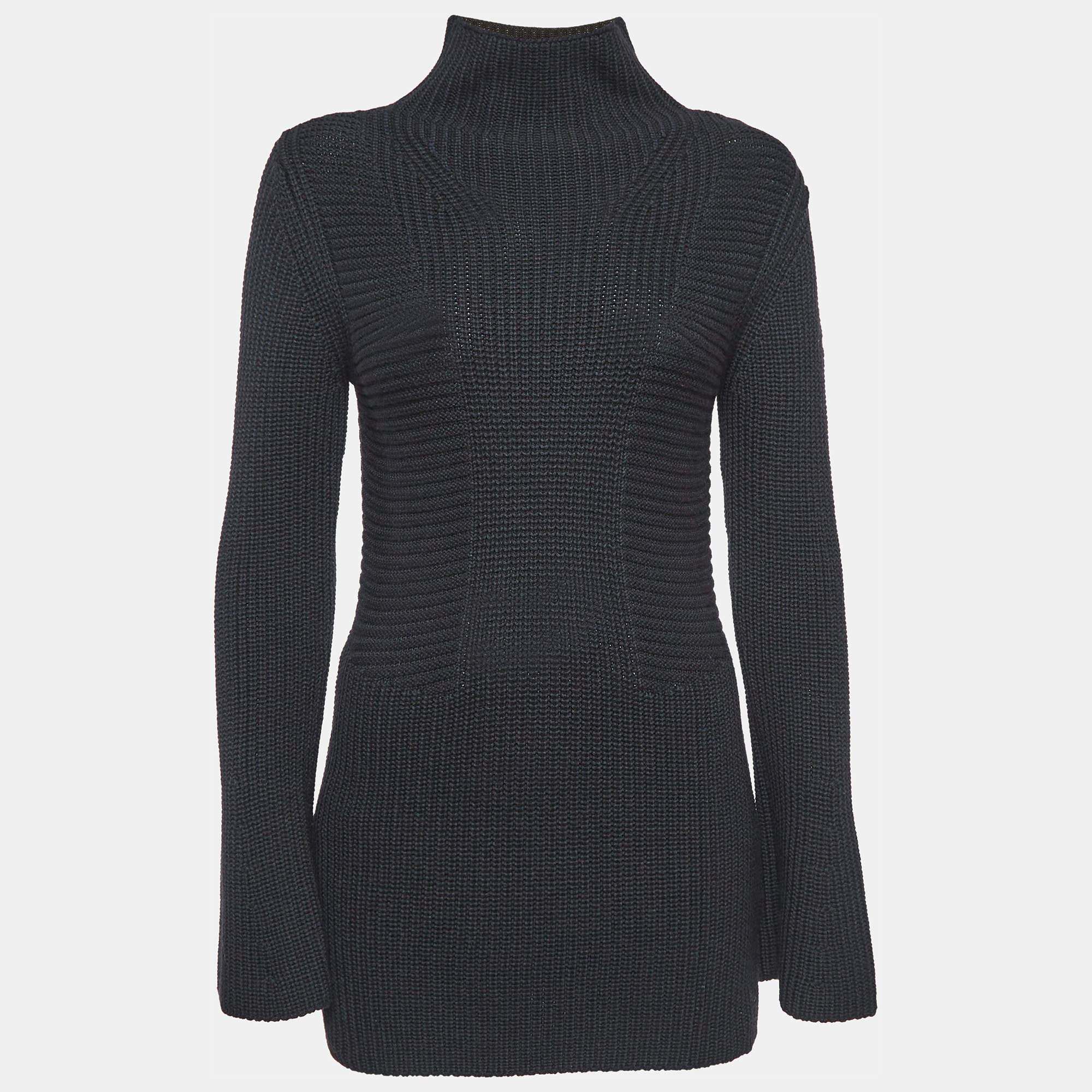 Pre Owned Moncler Black Rib Knit Turtle Neck Mini Sweat Dress S