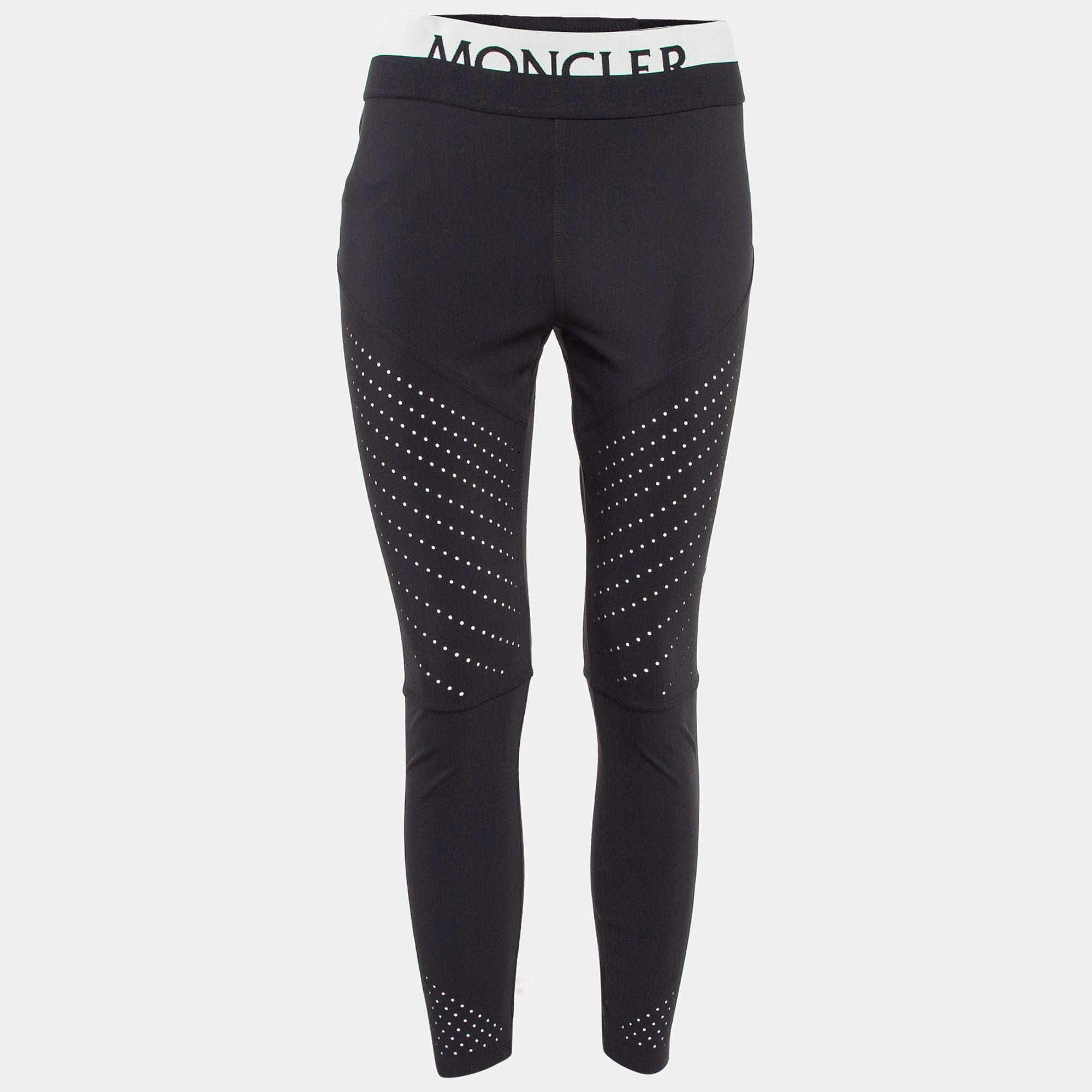Pre Owned Moncler Black Logo Intarsia Waist Jersey Active Leggings L