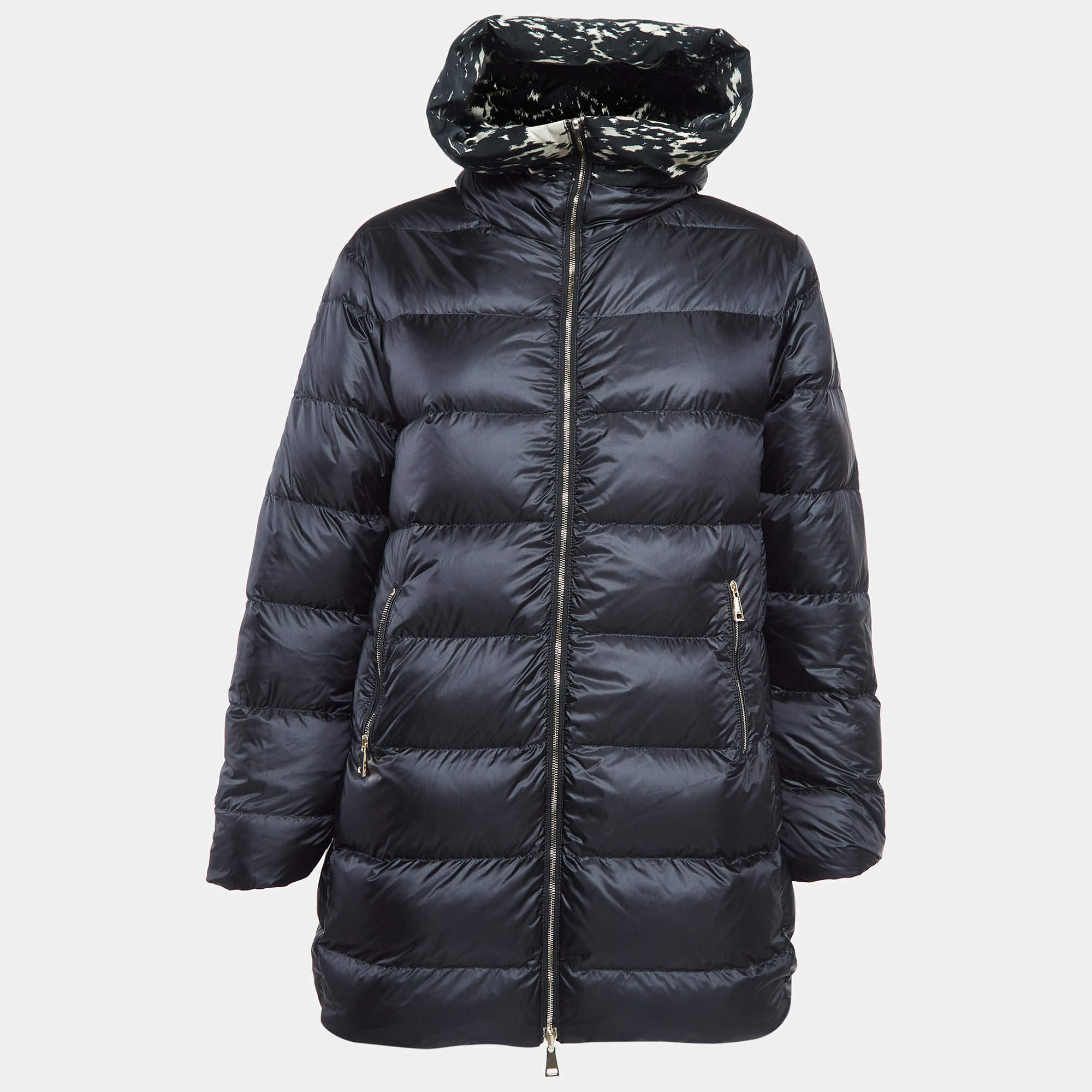 Moncler Black Abstract Print Synthetic Reversible Quilted Coat XS