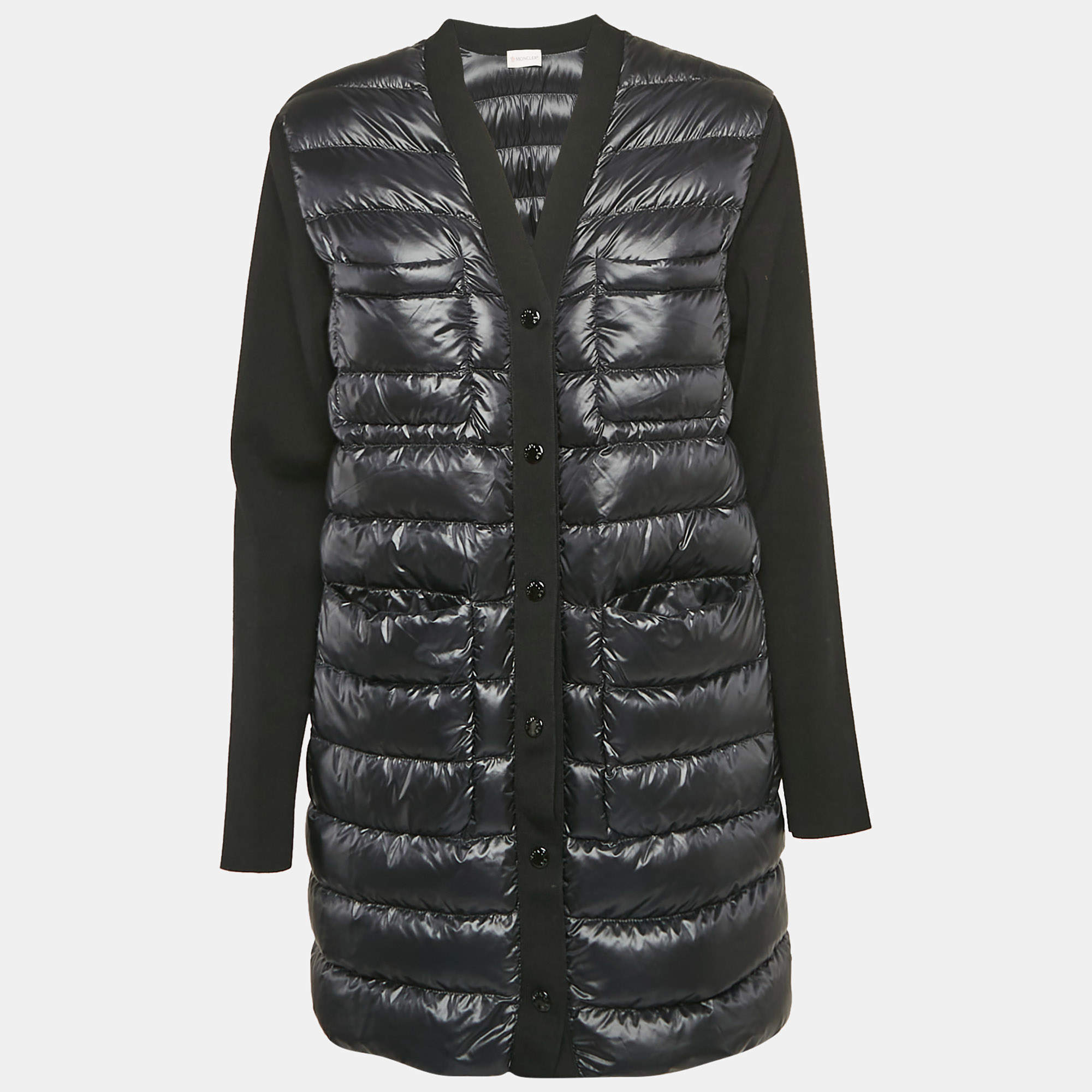 Moncler Black Synthetic and Knit Button Front Down Cardigan S