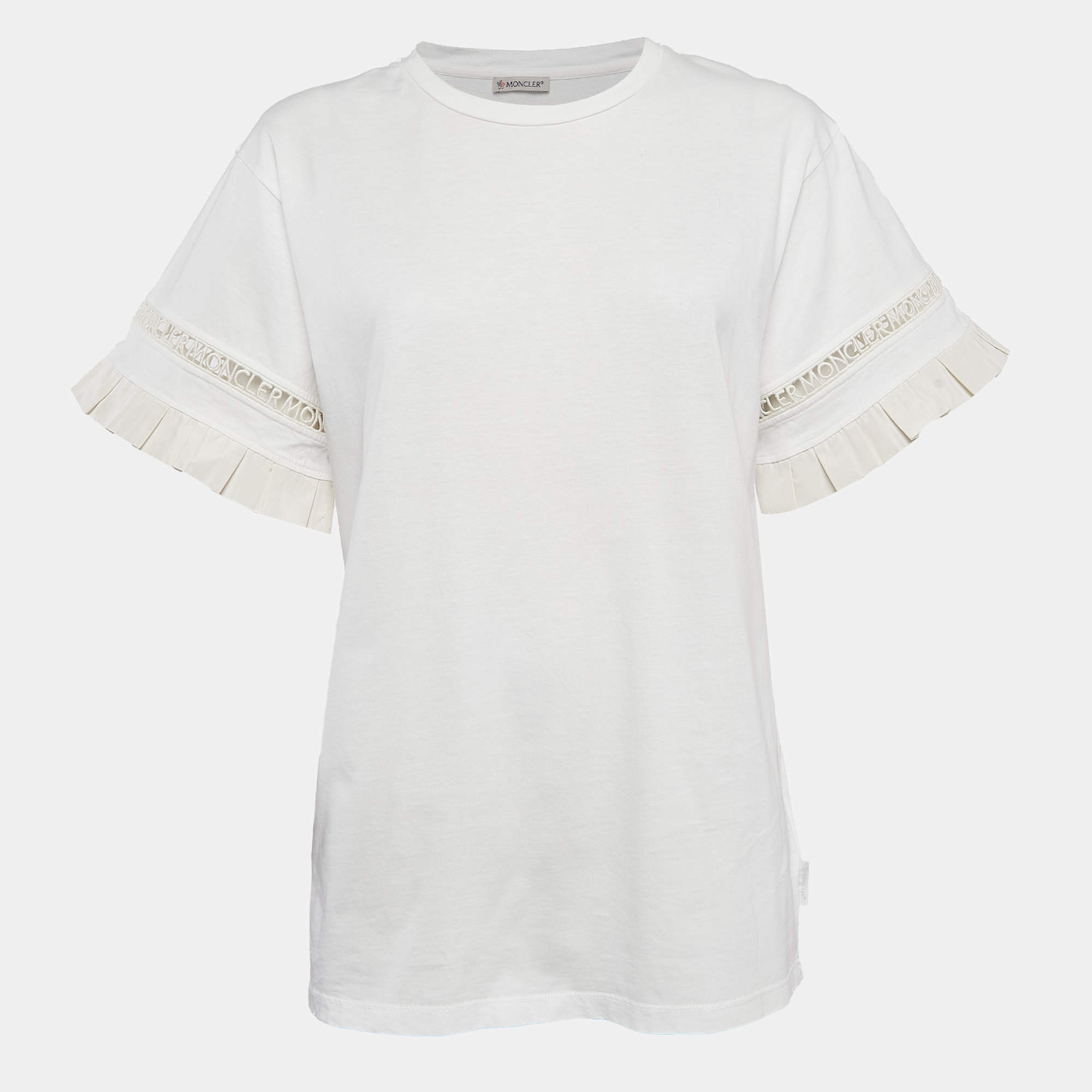 Pre Owned Moncler White Cotton Flared Sleeve Logo Lace Detail T-Shirt L