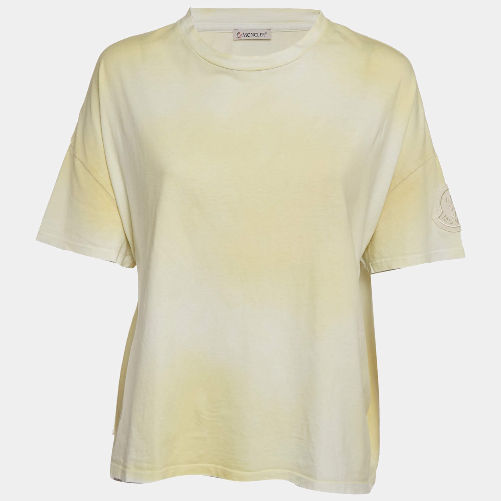 Pre Owned Moncler Yellow Tie-Dye Jersey Logo Applique Crop T-Shirt L