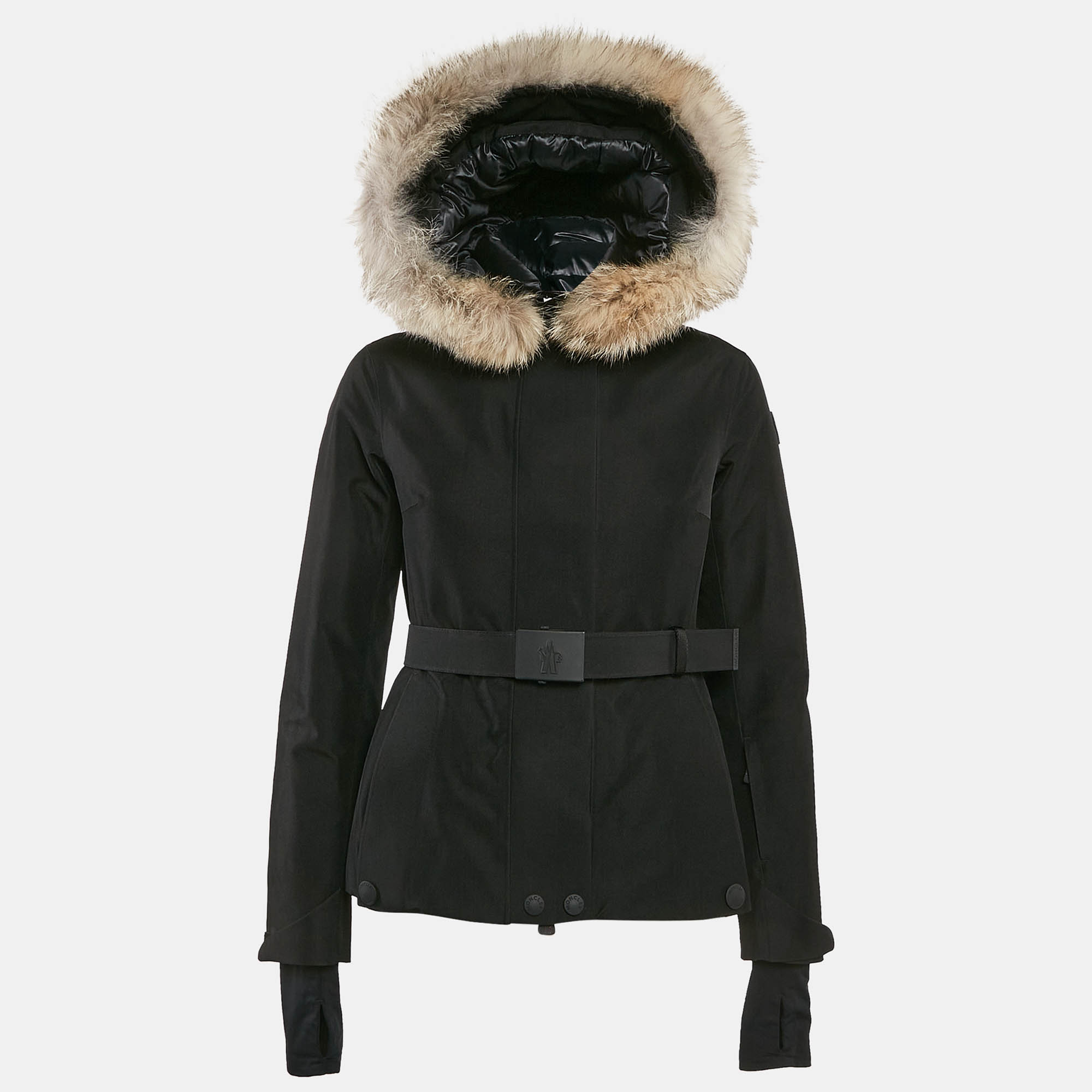 Pre Owned Moncler Grenoble Black Synthetic and Fur Detachable Hood Down Jacket XS
