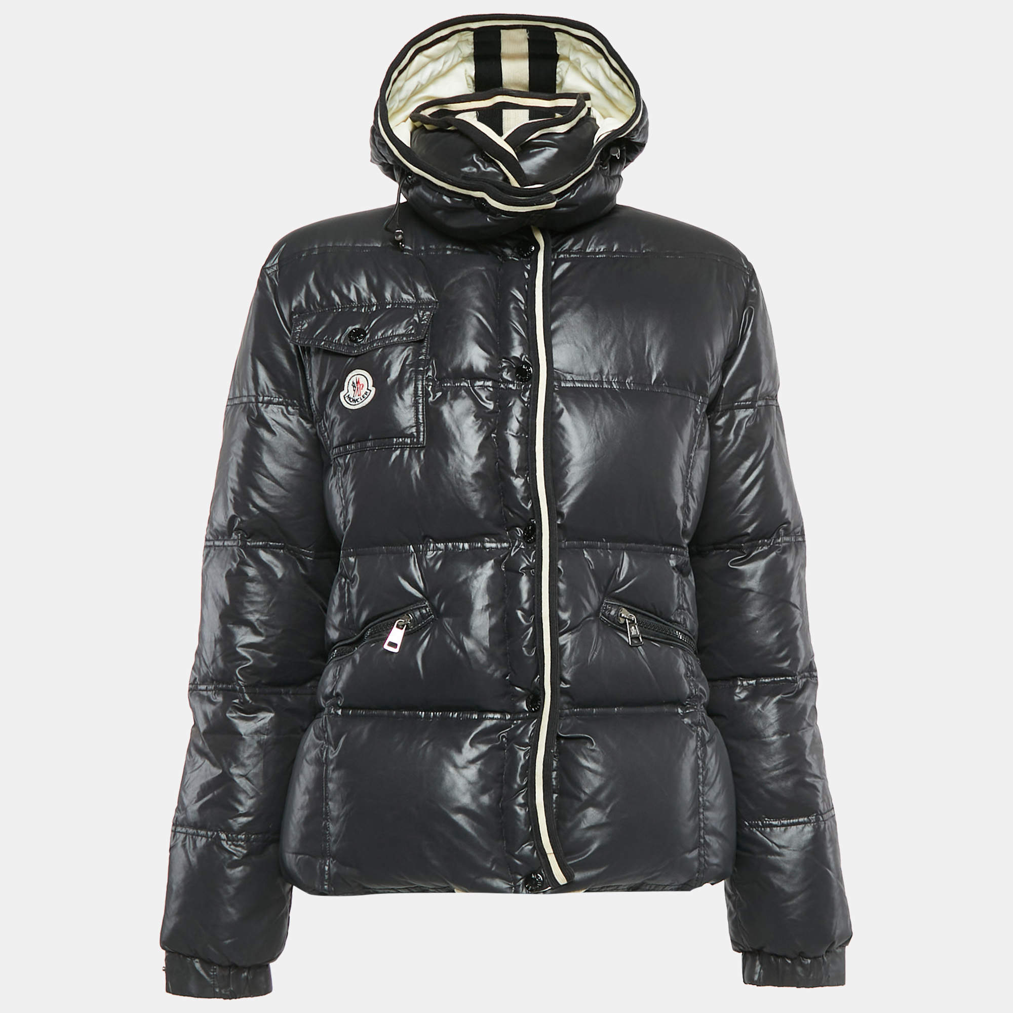 Moncler Black Nylon Button Front Detachable Collar Quilted Down Jacket L