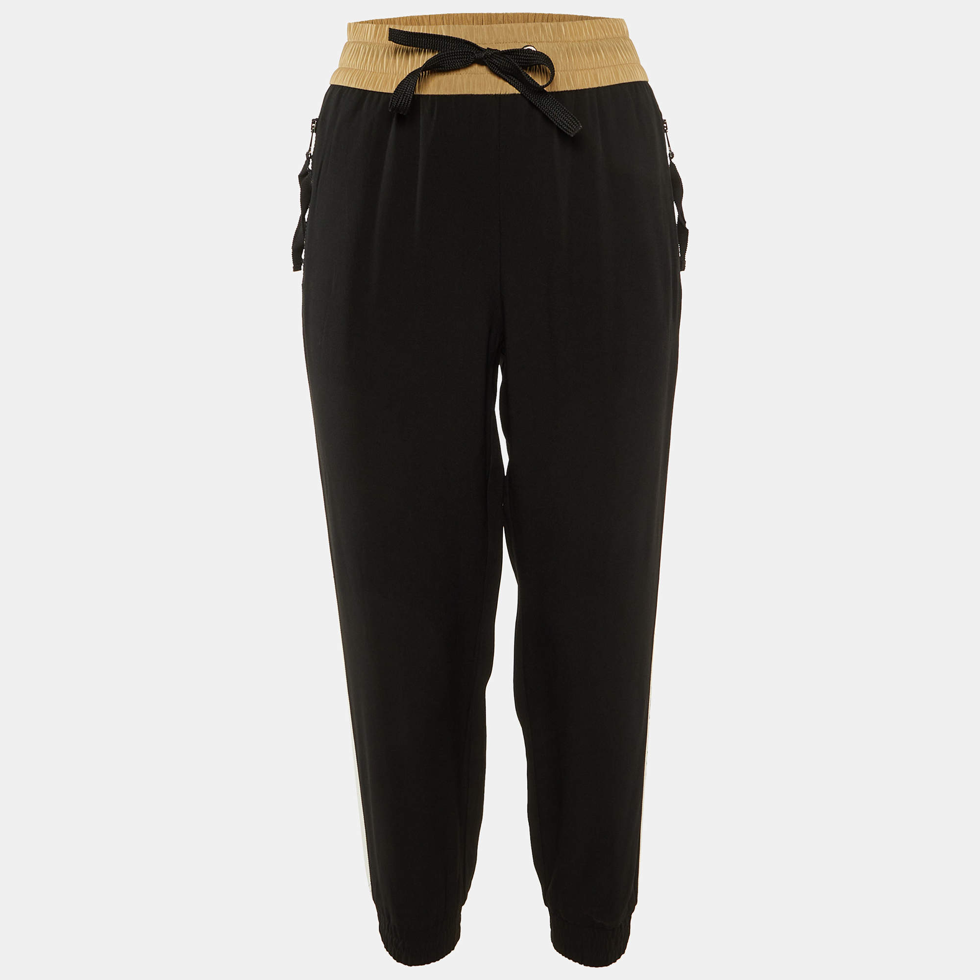 Pre Owned Moncler Black Crepe Logo Striped Crepe Track Trousers M