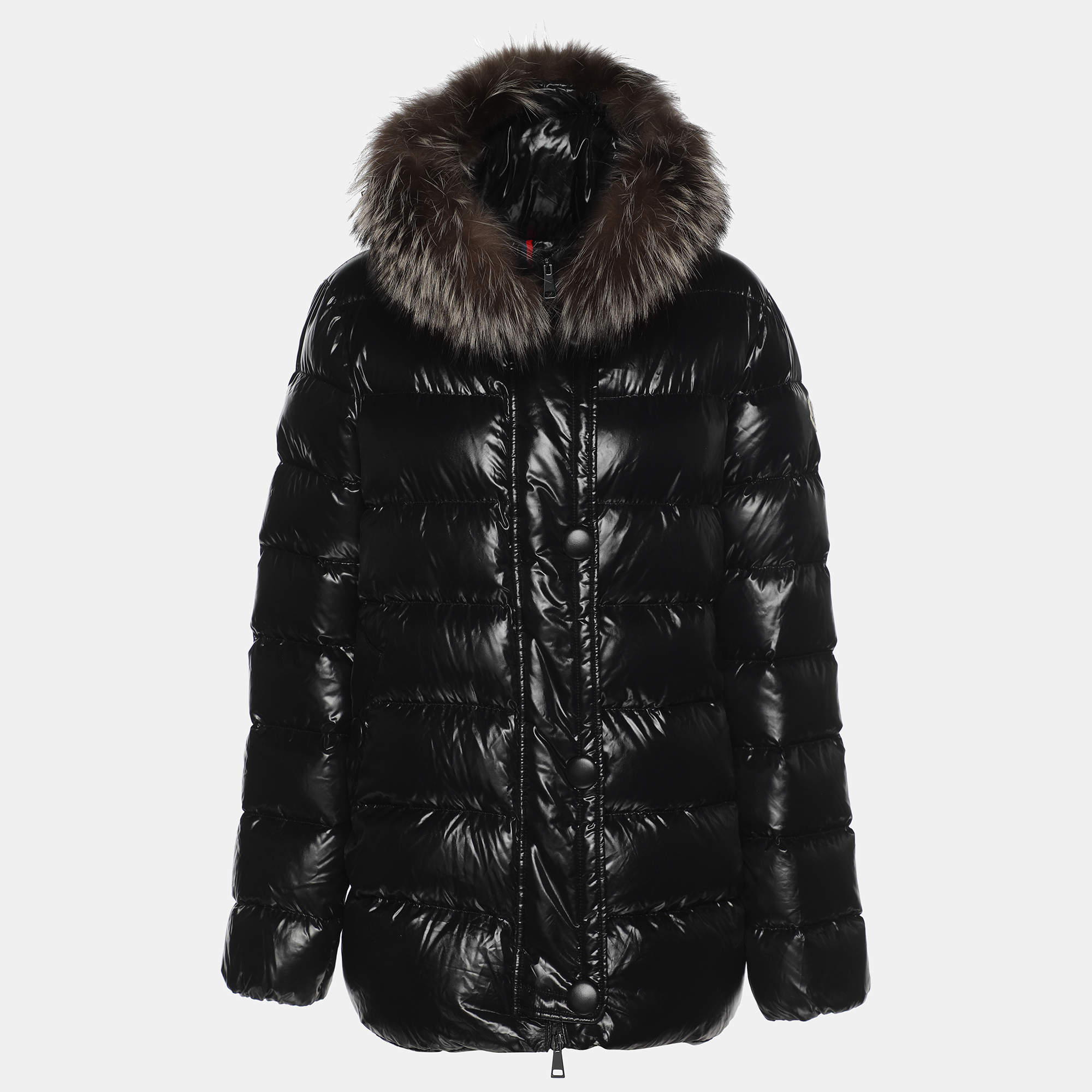 Moncler Black Nylon Fox Fur Trimmed Hood Down Jacket XXL