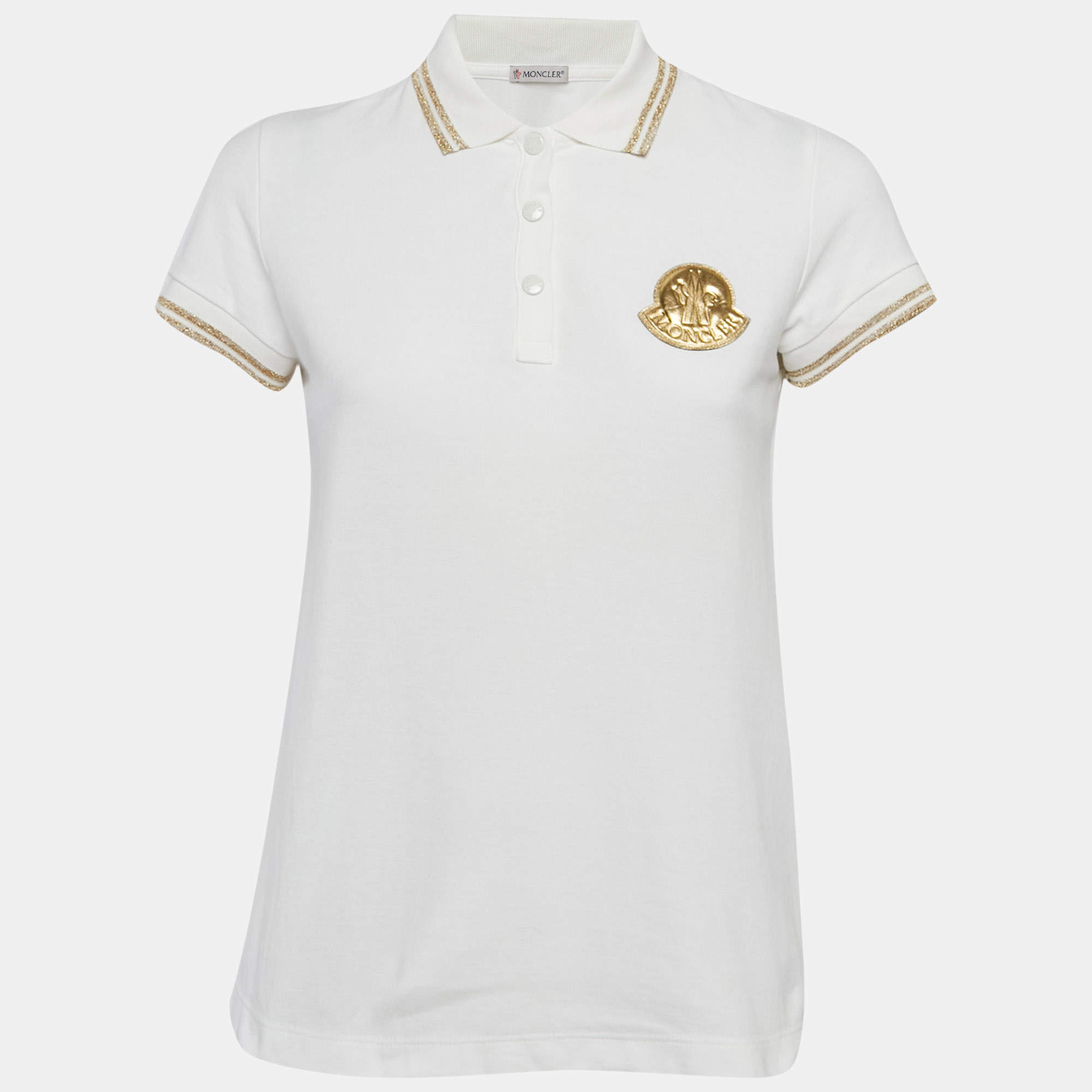Moncler White Lurex Trim Cotton Pique Applique Detail Polo T-Shirt S