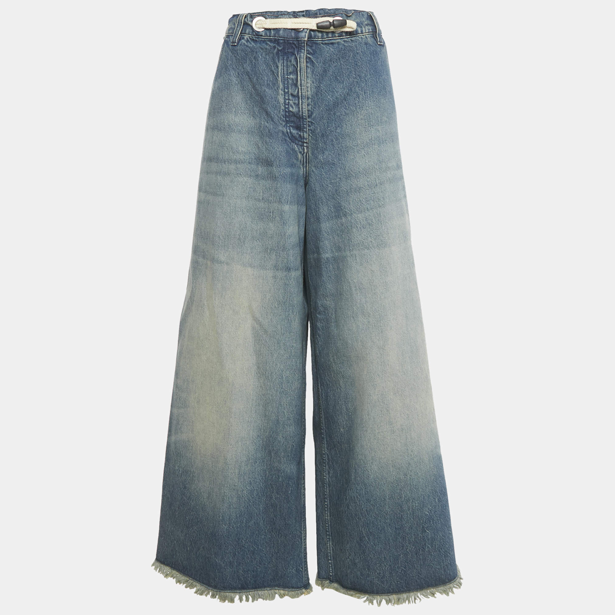 Pre Owned Moncler Blue Raw Edge Denim Wide-Leg Jeans L Waist 36"