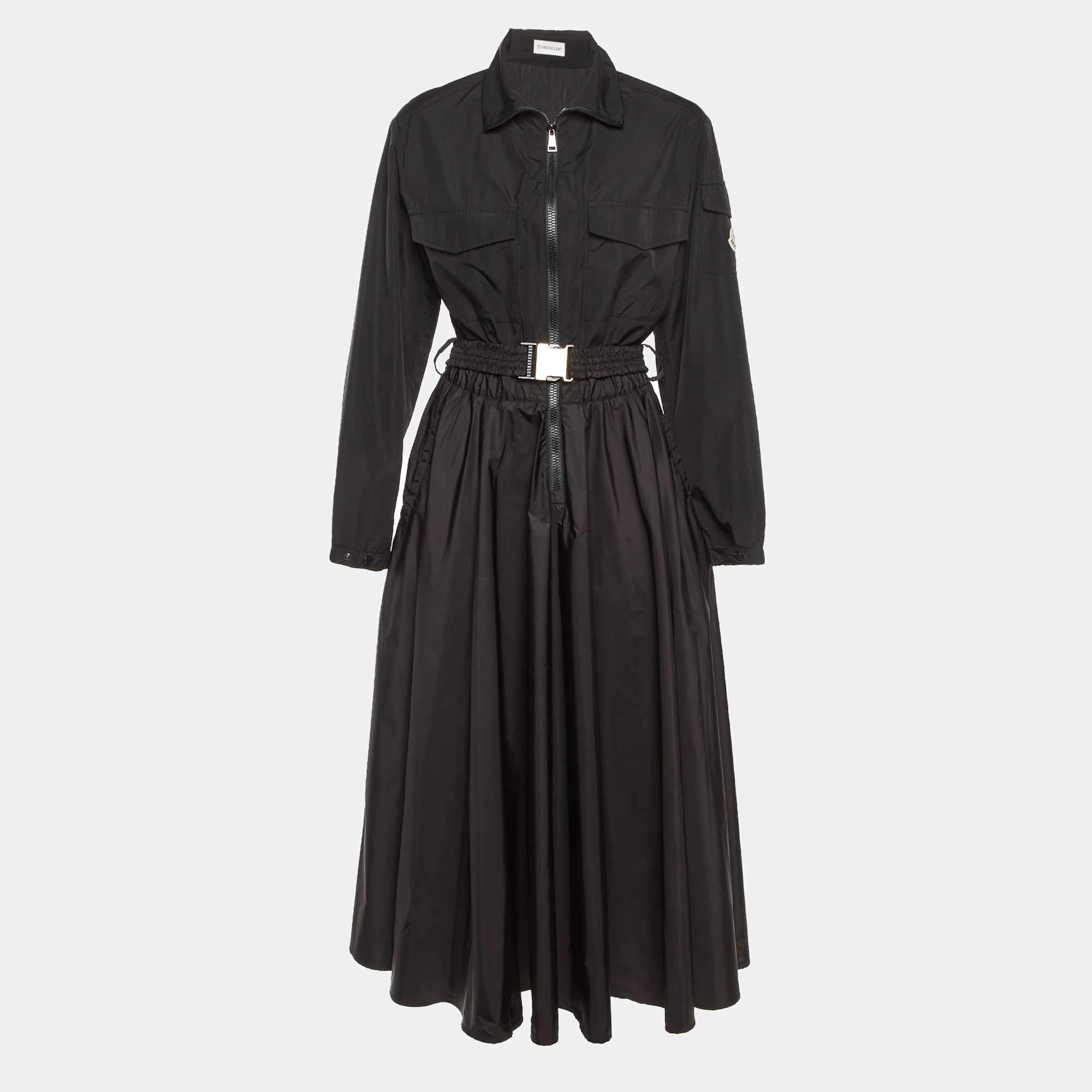 Pre Owned Moncler Black Taffetta Belted Shirt Dress L