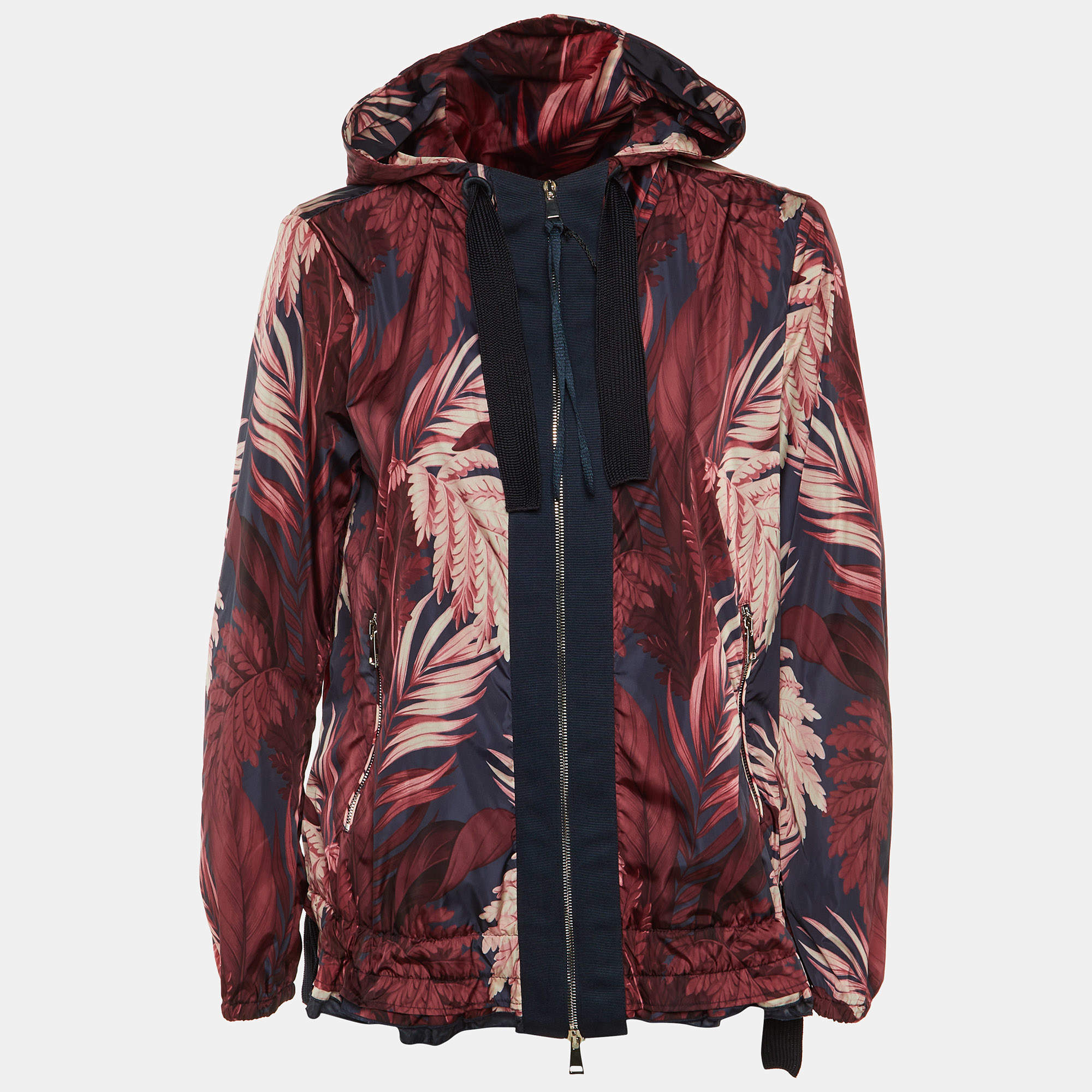 Pre Owned Moncler Burgundy Printed Polyamide Hooded Jacket L
