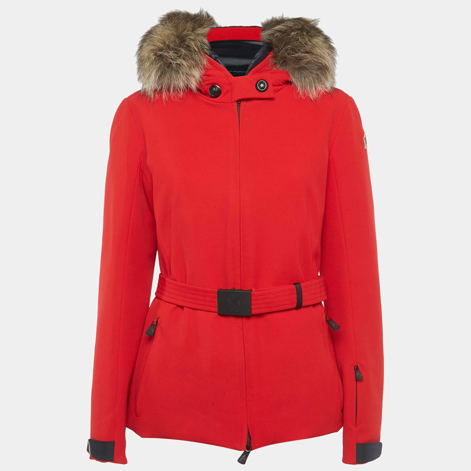 Pre Owned Moncler Grenoble Red Synthetic Fur Trim Short Down Jacket XXL