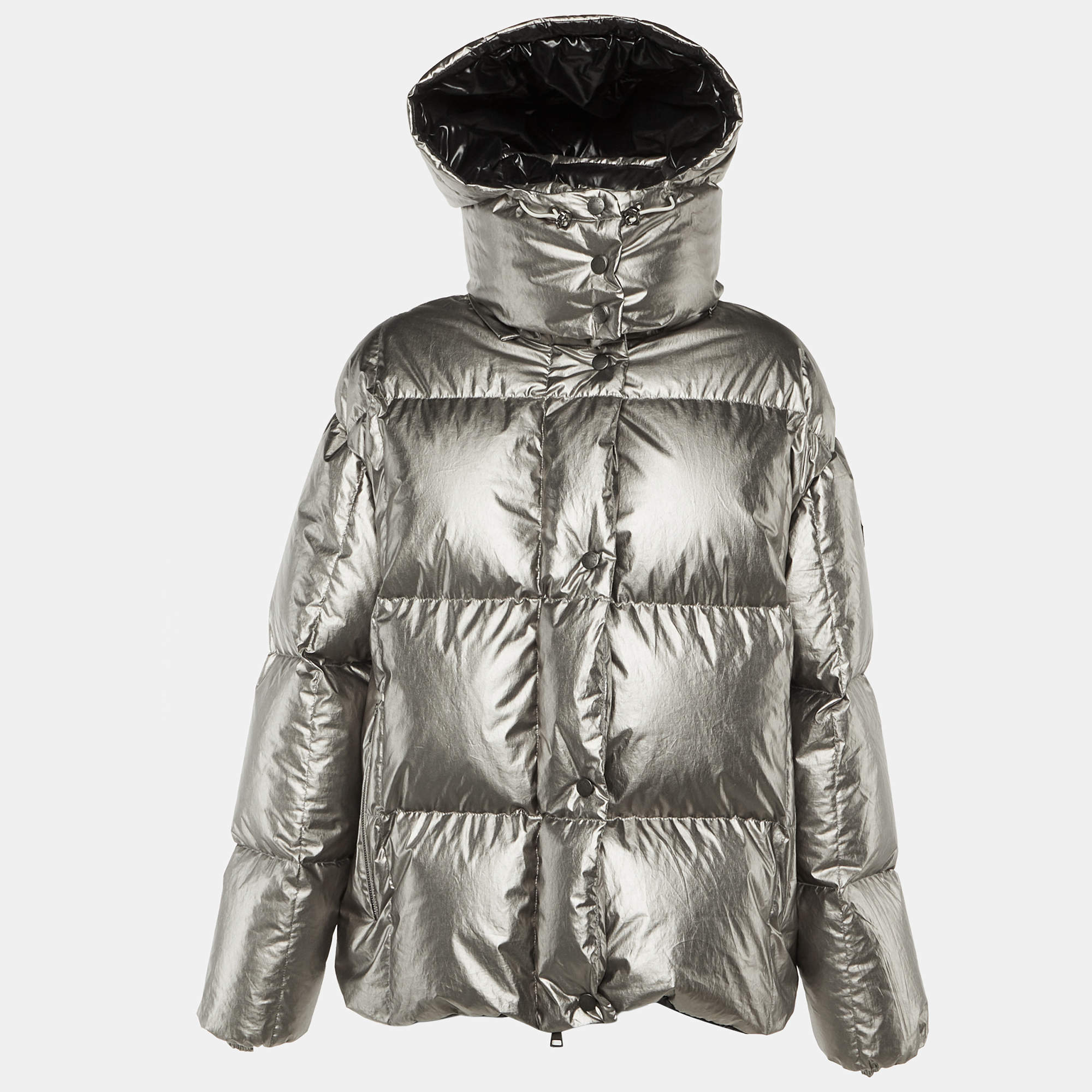 Pre Owned Moncler Silver Synthetic Puffer Down Parana Detachable Hooded Jacket M/L