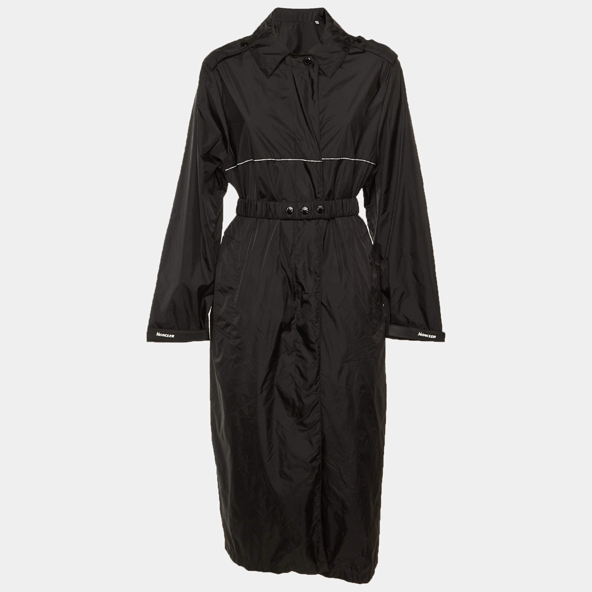 Pre Owned Moncler Black Logo Print Nylon Long Jacket S