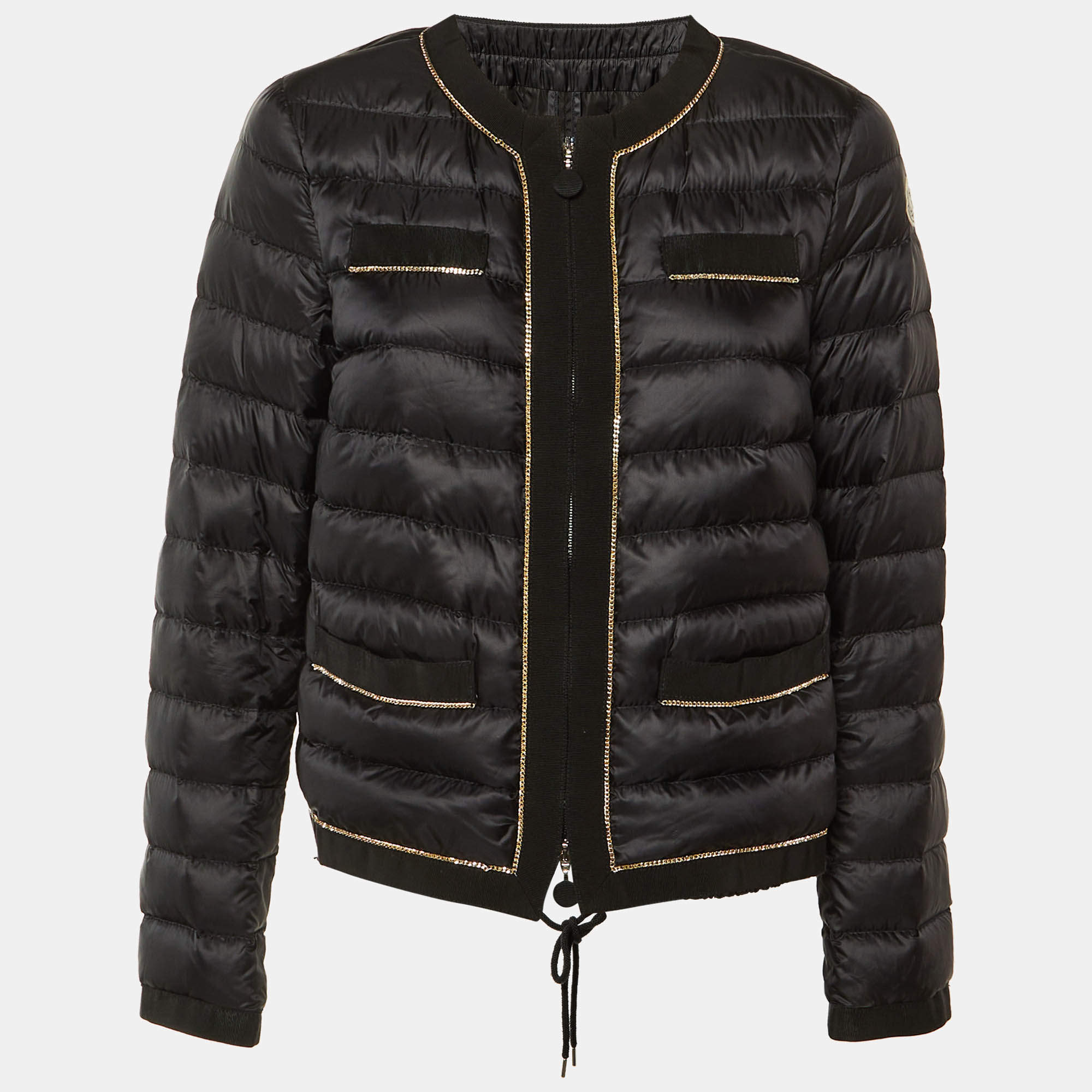 Pre Owned Moncler Black Embellished Trim Nylon Puffer Down Jacket L