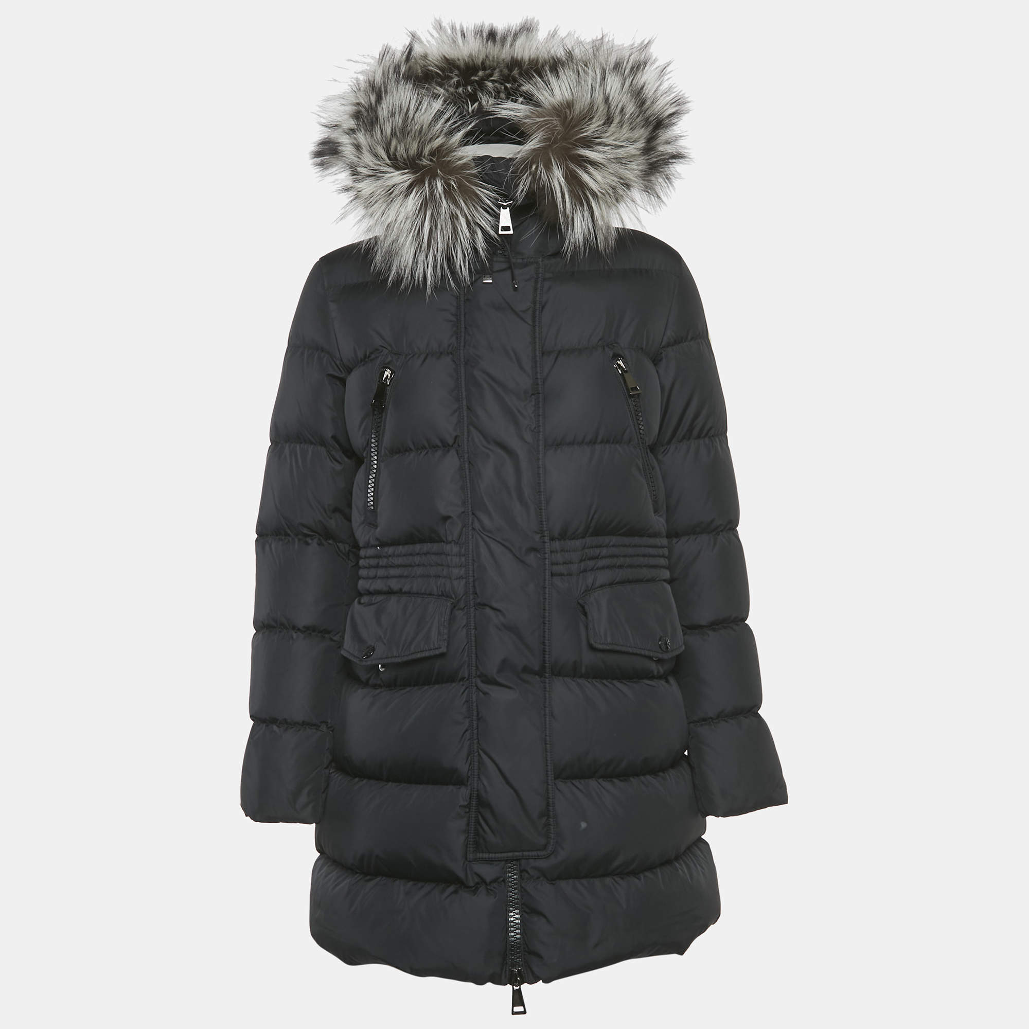 Pre Owned Moncler Black Sherlyn Trim Nylon Aphroti Long Down Jacket M