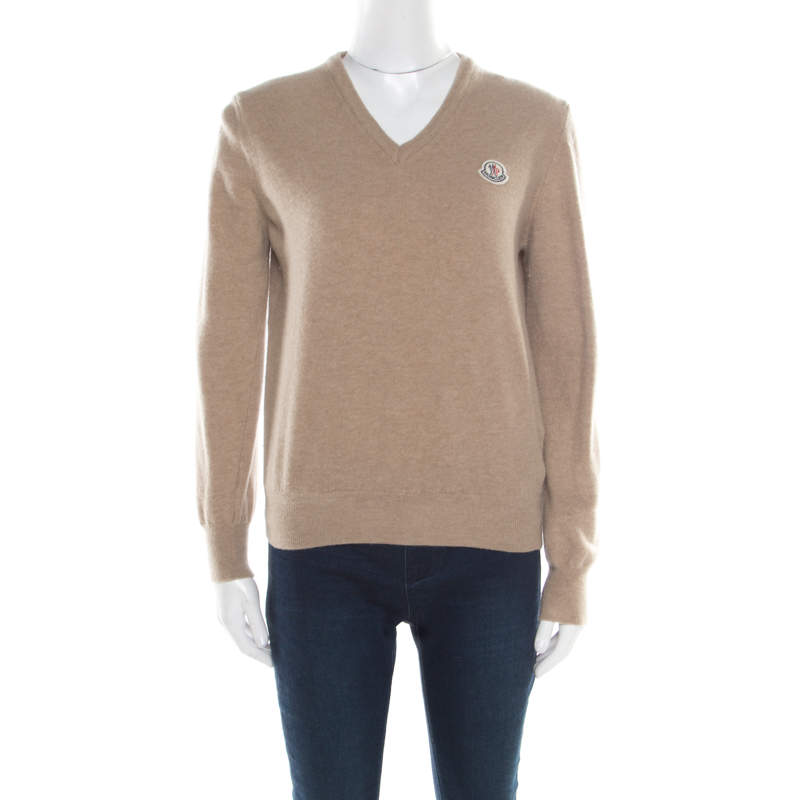 Moncler Beige Wool V-Neck Sweater XL