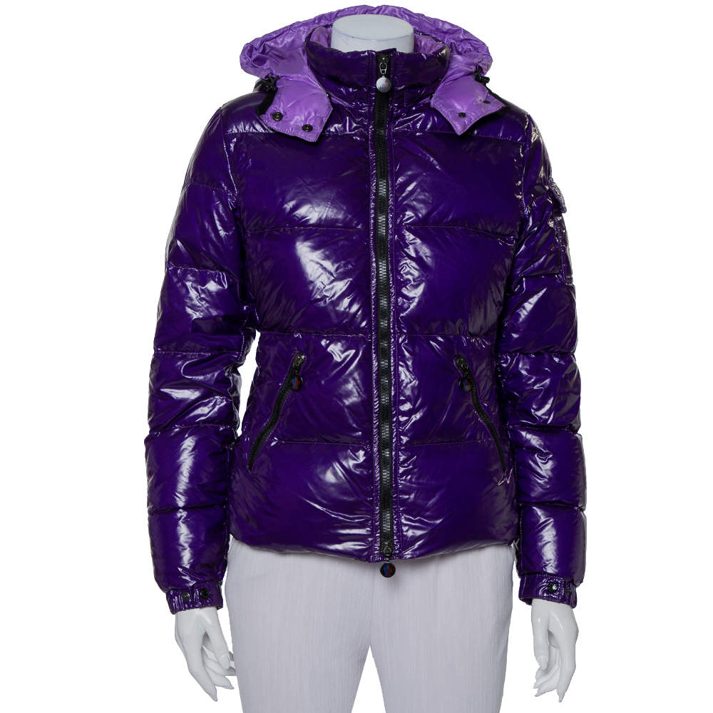 Pre Owned Moncler Purple Synthetic Quilted Hooded Down Jacket S