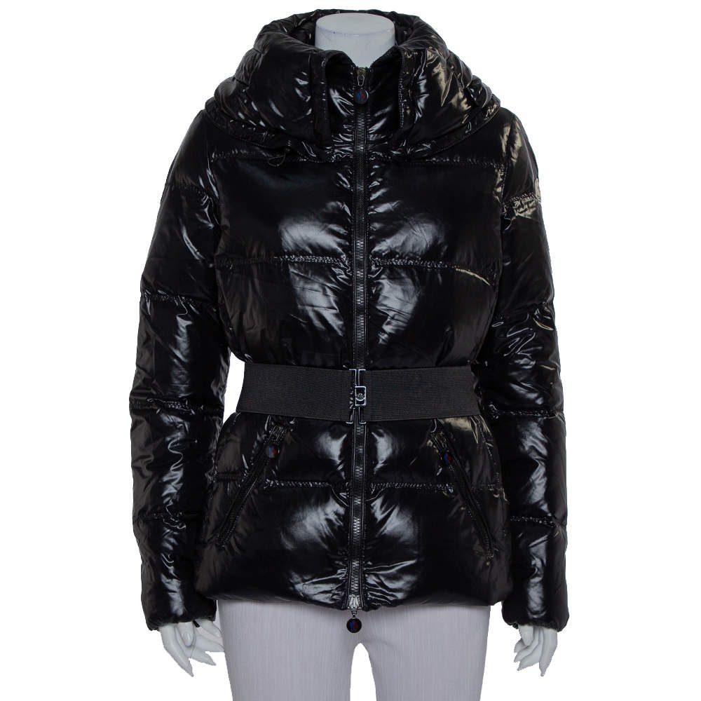 Pre Owned Moncler Grey Synthetic Quilted High Collar Belted Aliso Jacket L