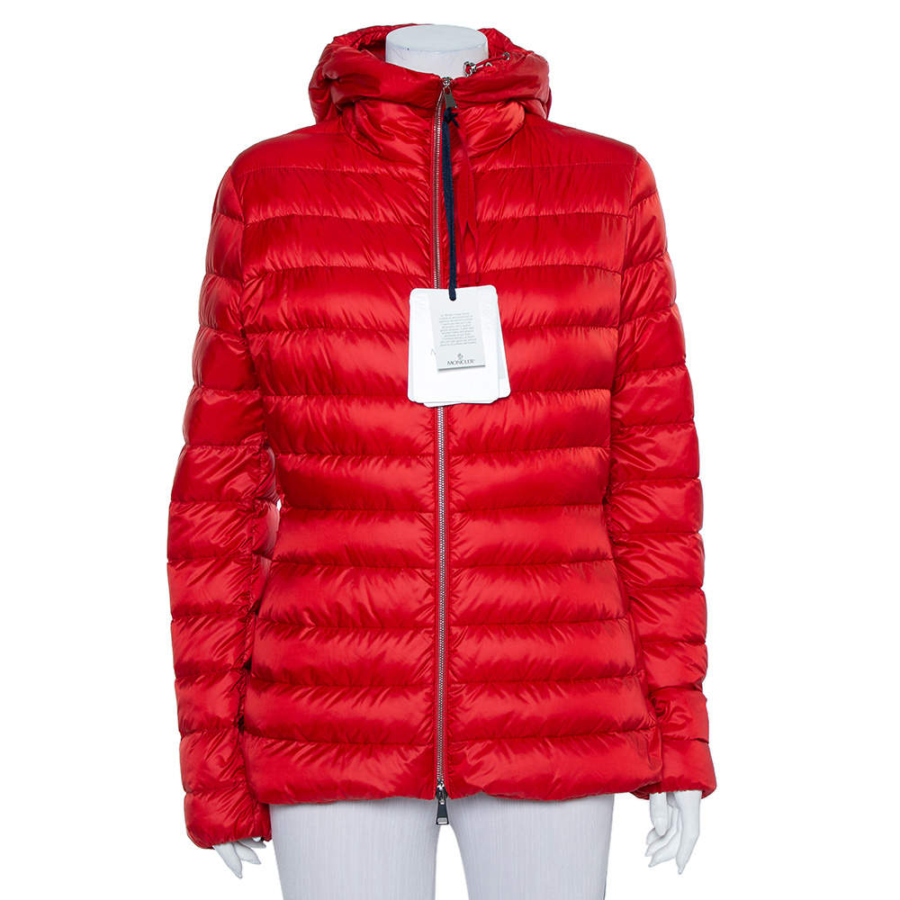 Pre Owned Moncler Red Synthetic Quilted Hooded Jacket XL