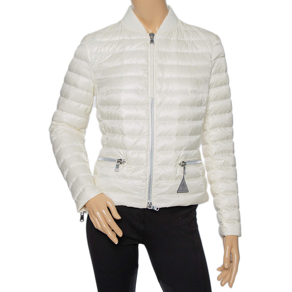 Moncler Ivory Down Quilted Elasticized Collar Detail Zip Front Jacket S