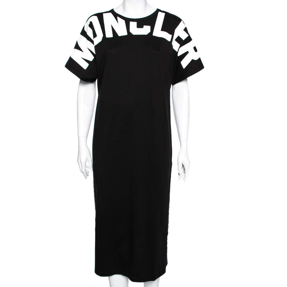 Pre Owned Moncler Black Logo Printed Cotton Side Button Detailed Short Sleeves Dress M