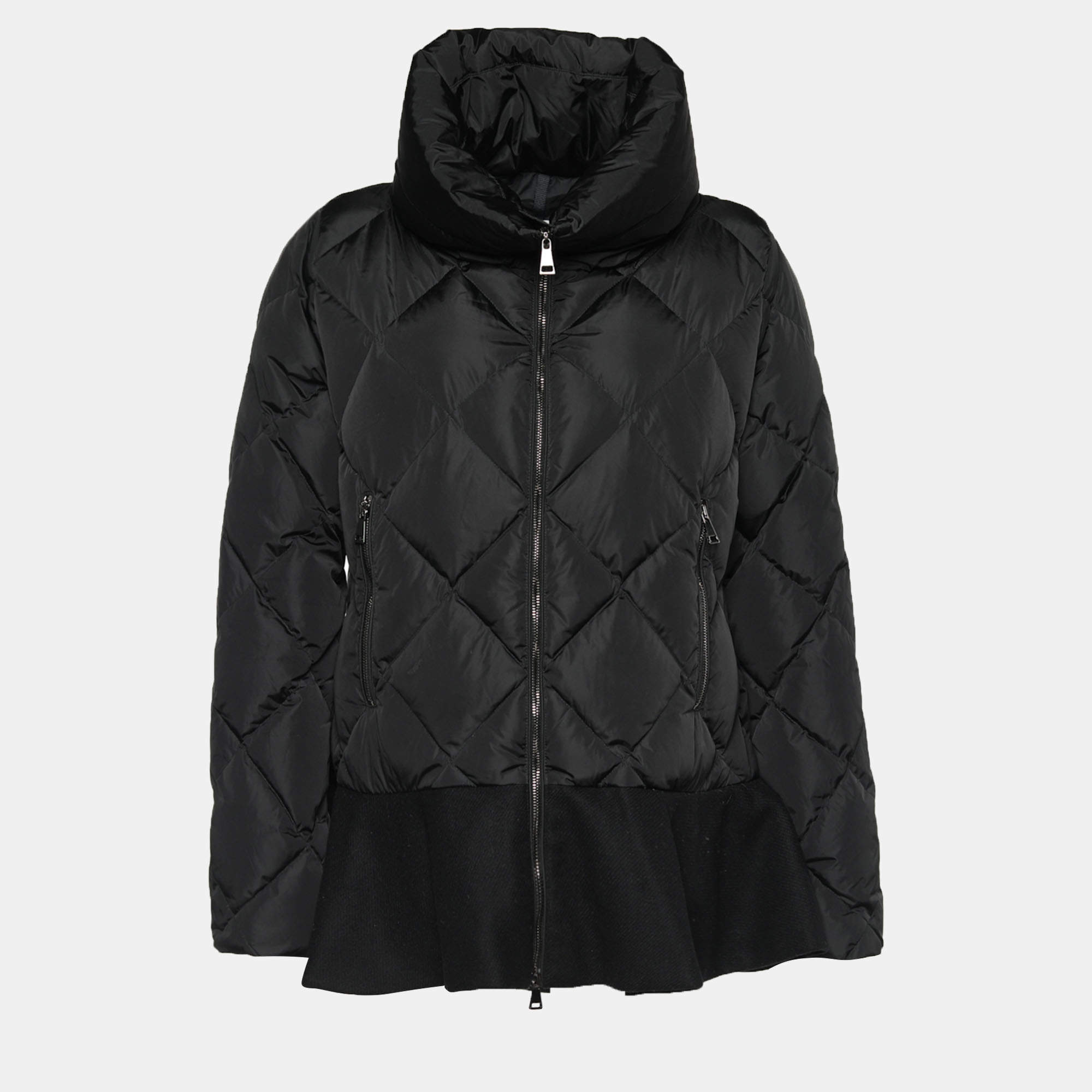 Pre Owned Moncler Black Flounce-Hem Vouglette Puffer Coat XL