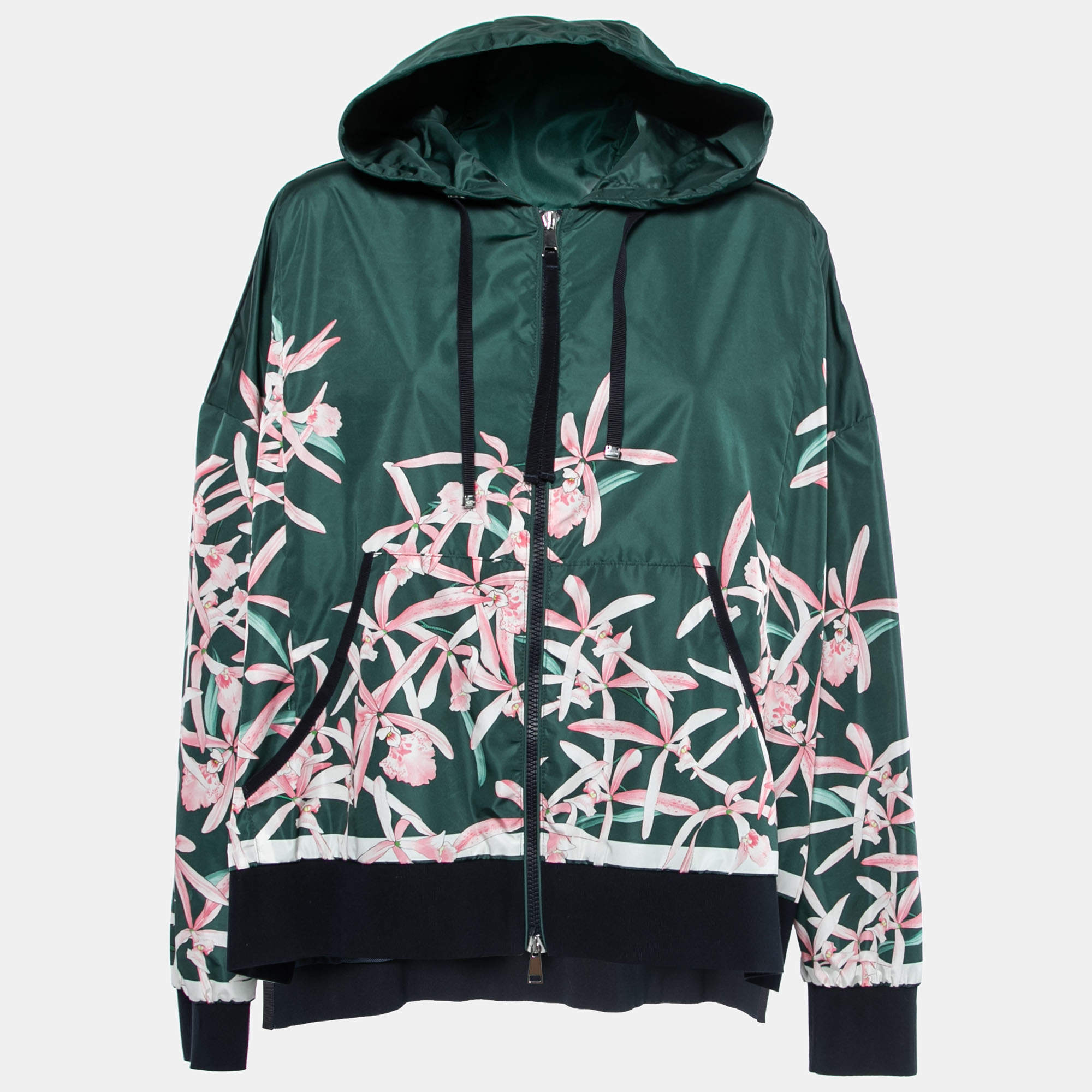 Moncler Dark Green Comte Floral Synthetic Zip-Front Jacket XXL  