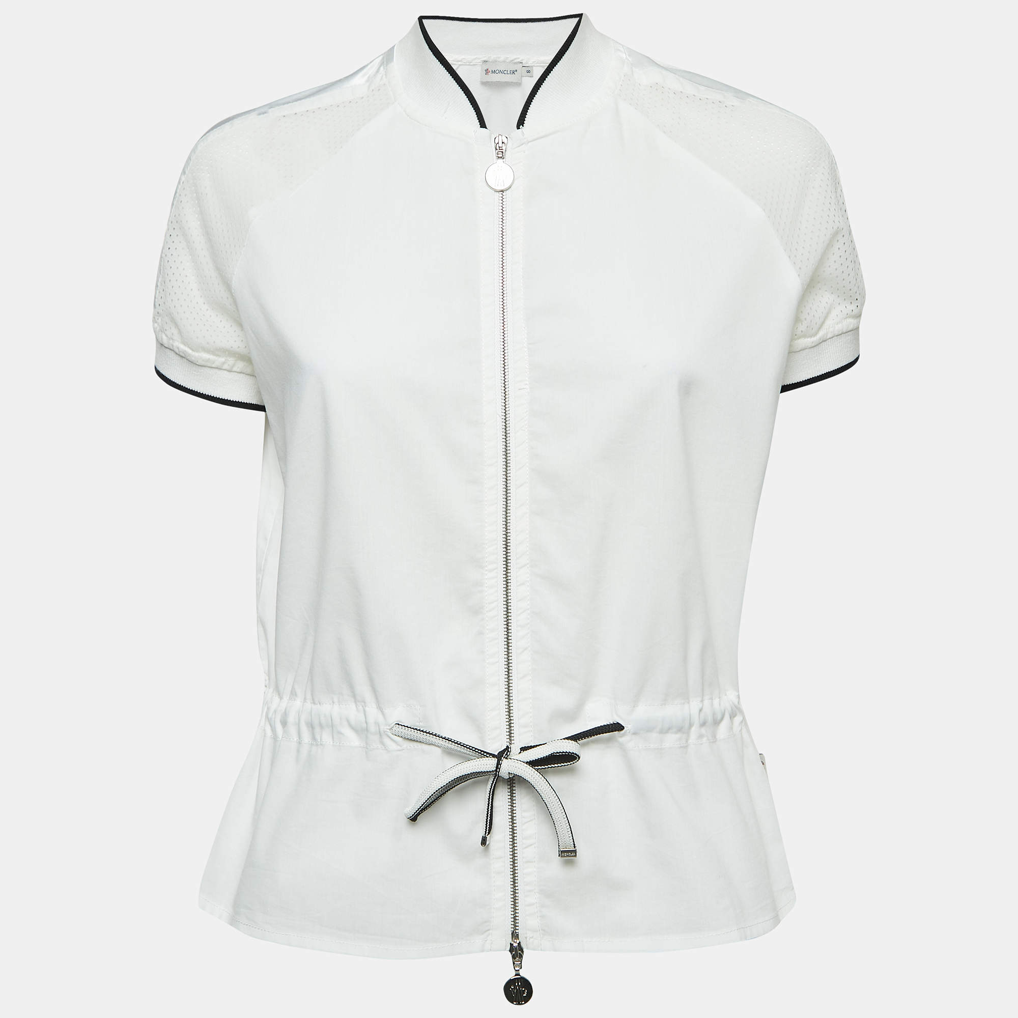 Moncler White Cotton Zip Front Short Sleeve Top S