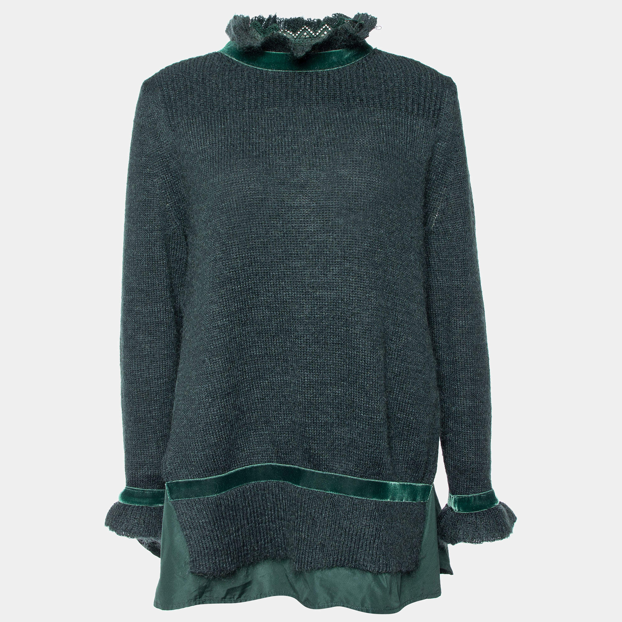 Moncler Green Wool & Mohair Synthetic Panel Detail Pullover L