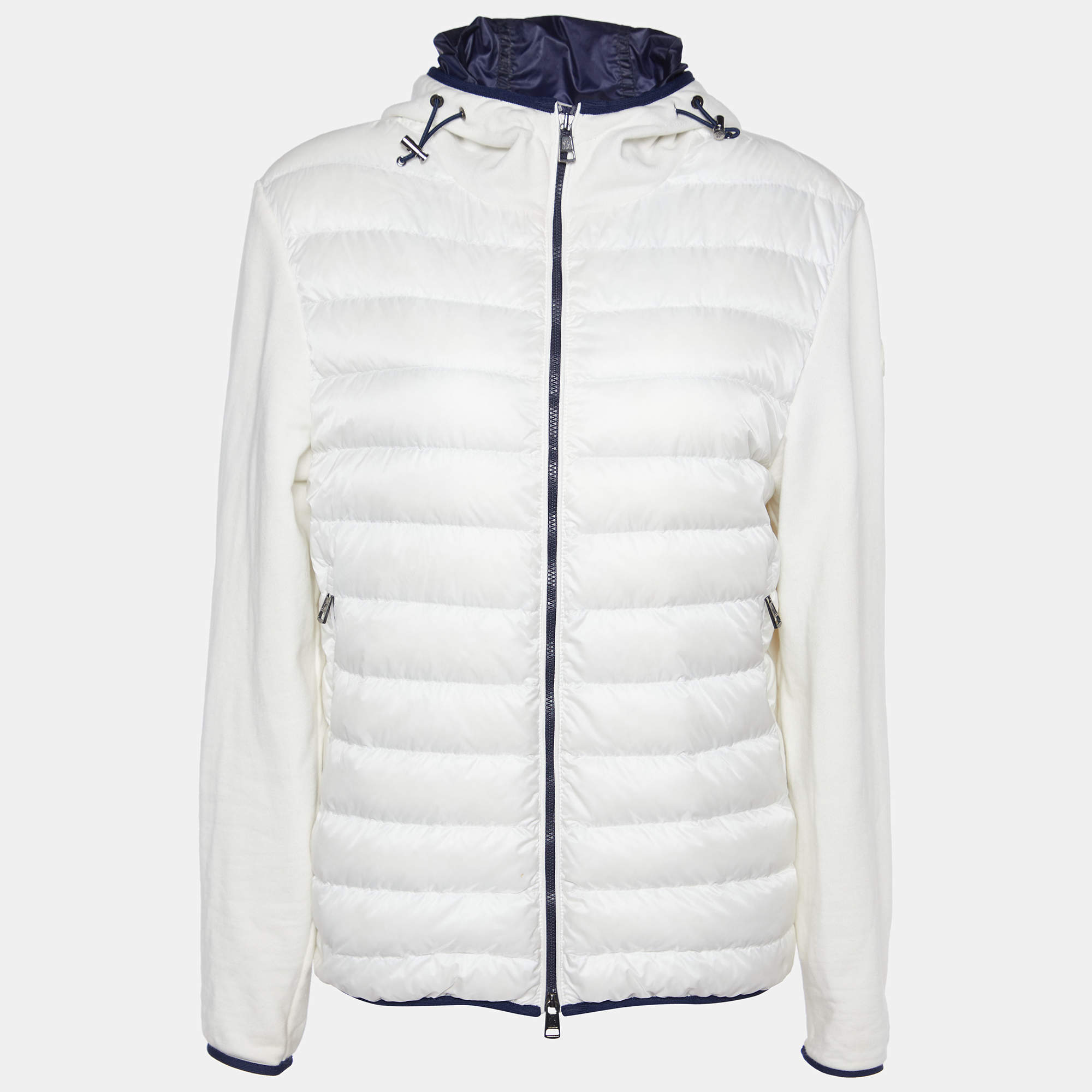 Moncler White Quilted & Knit Zip Up Hooded Cardigan L