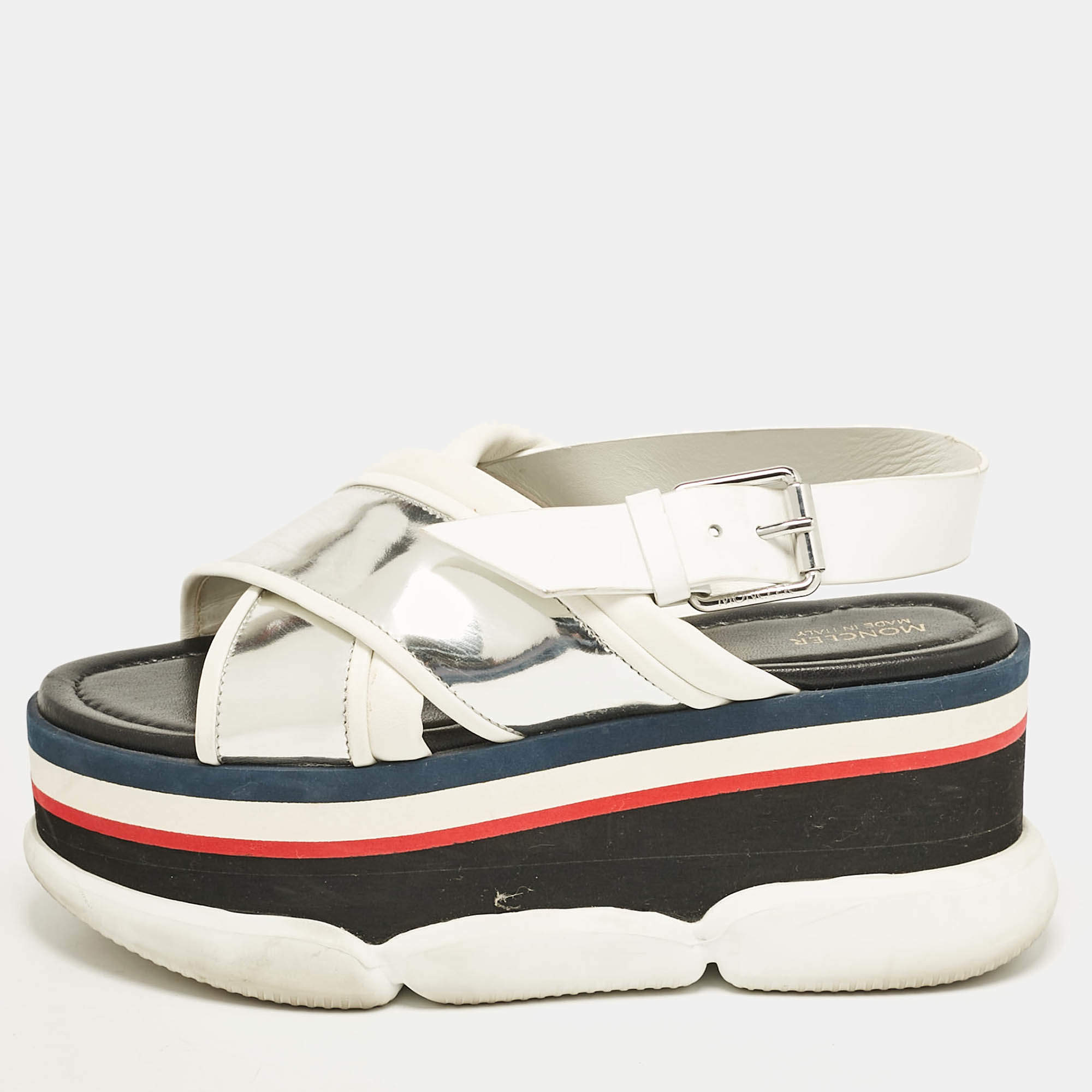 Moncler White/Silver Leather Zelda Platform Sandals Size 37