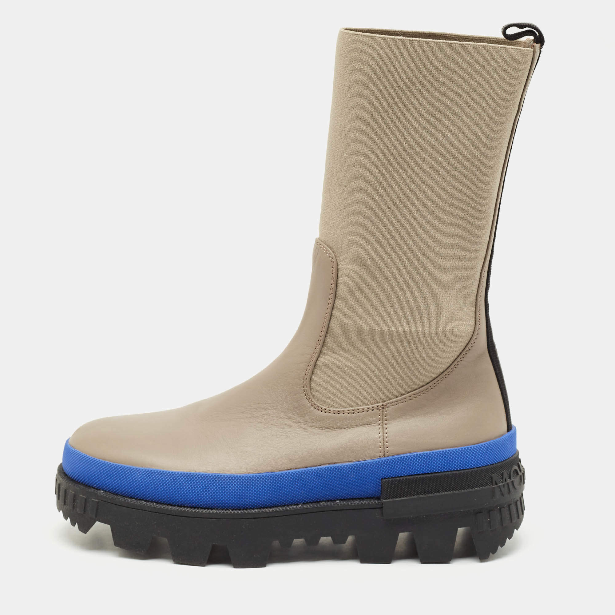 Moncler Grey Stretch Fabric and Leather Neue Chelsea Boots Size 38