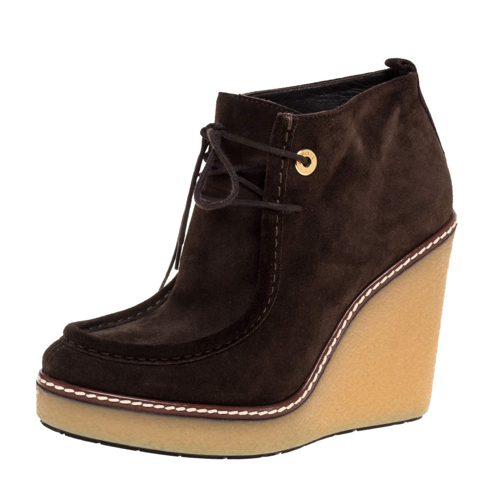 Moncler Brown Suede Celie Lace Up Wedge Ankle Boots Size 37