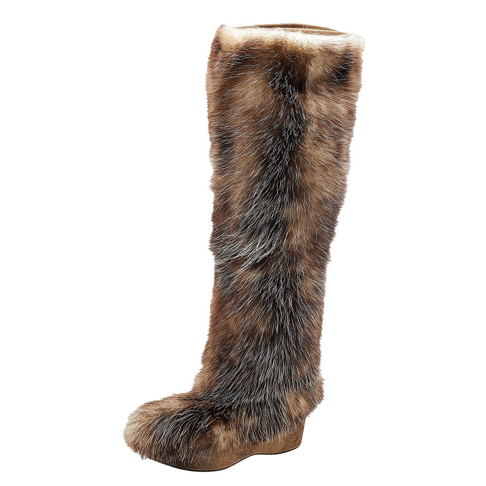 Pre Owned Moncler Brown/Beige Fur Wedge Knee Length Boots Size 38