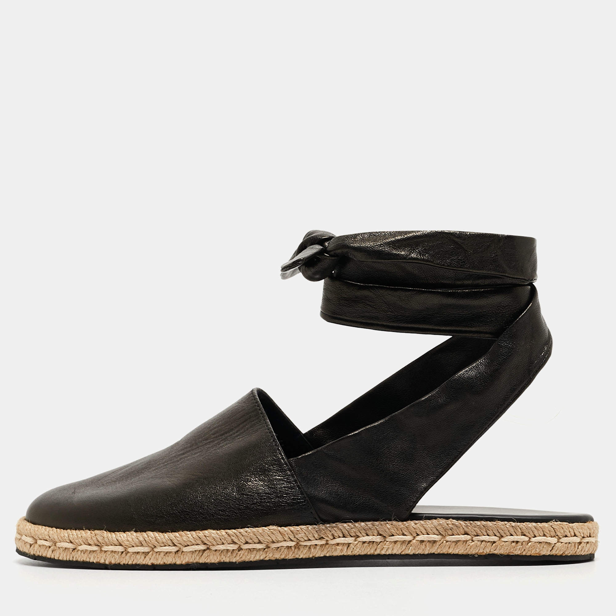 Moncler Black Leather Ankle Tie Espadrille Flats Size 37 Moncler | The ...