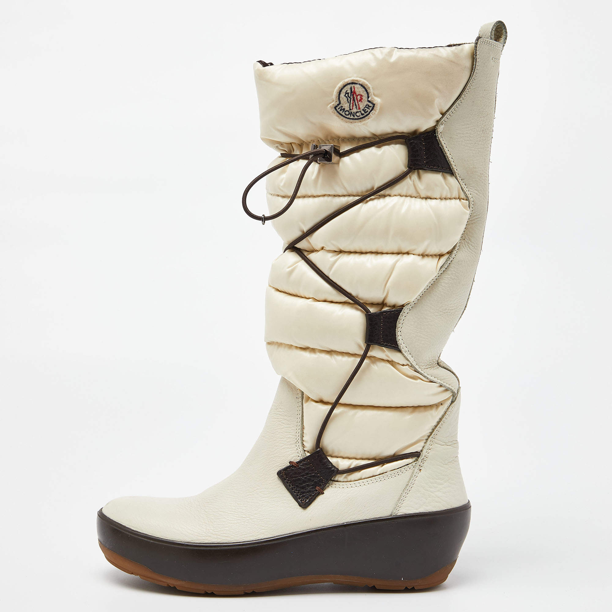 Pre Owned Moncler Off White Satin and Leather Snow Boots Size 39