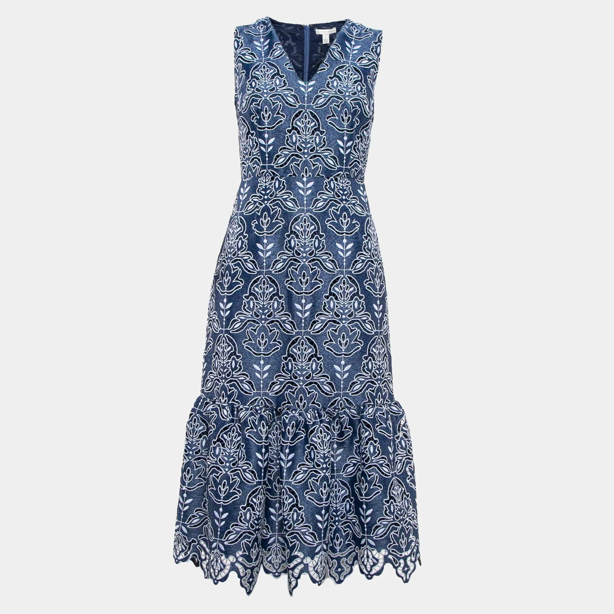 ML Monique Lhuillier Blue Floral Lave Flounce Midi Dress XS