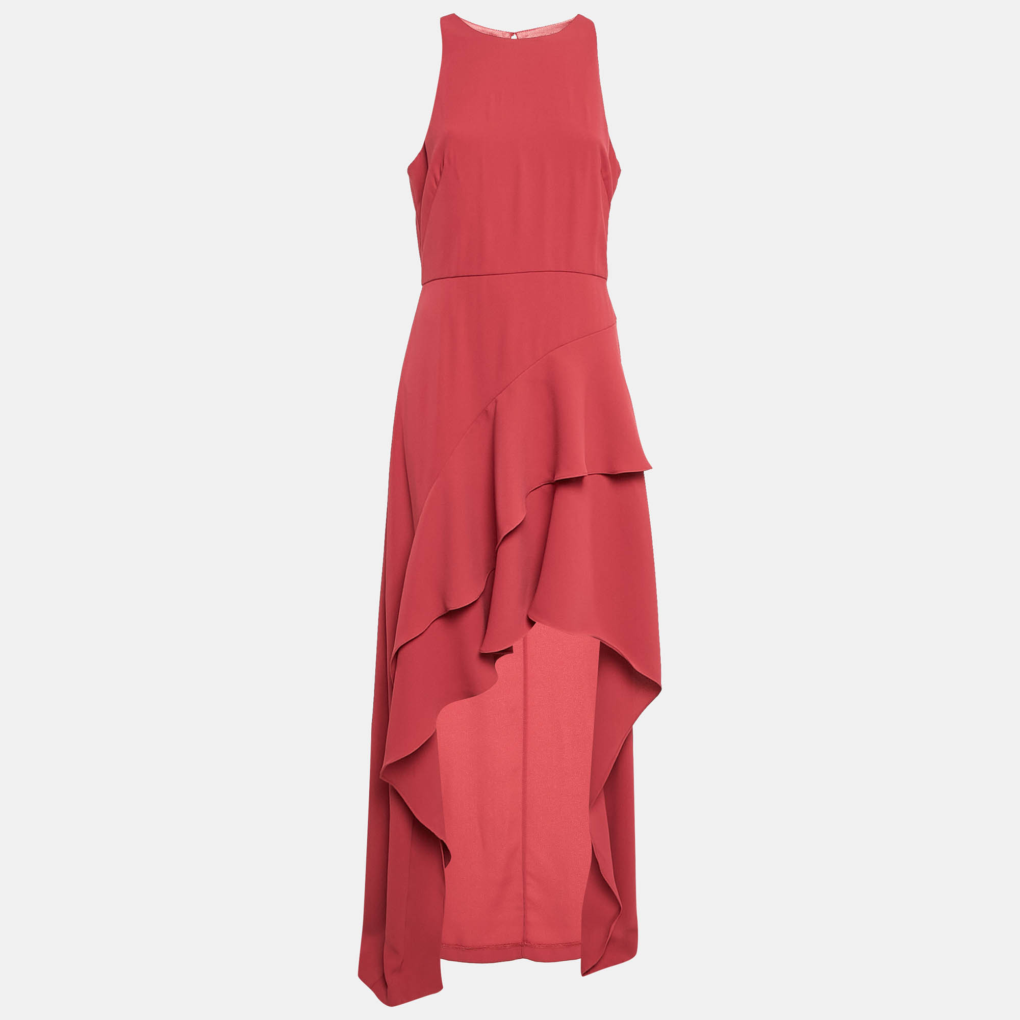 Monique Lhuillier Pink Crepe Ruffled Asymmetric Midi Dress L