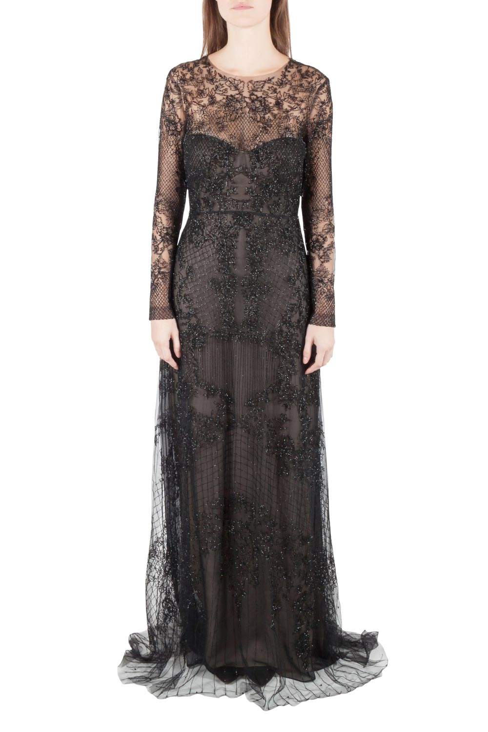 Monique Lhuillier Noir Black Embellished Long Sleeve Evening Gown S