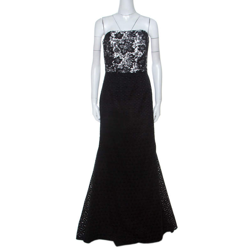 Monique Lhuillier Monochrome Floral Lace Bodice Detail Flared Strapless Gown L