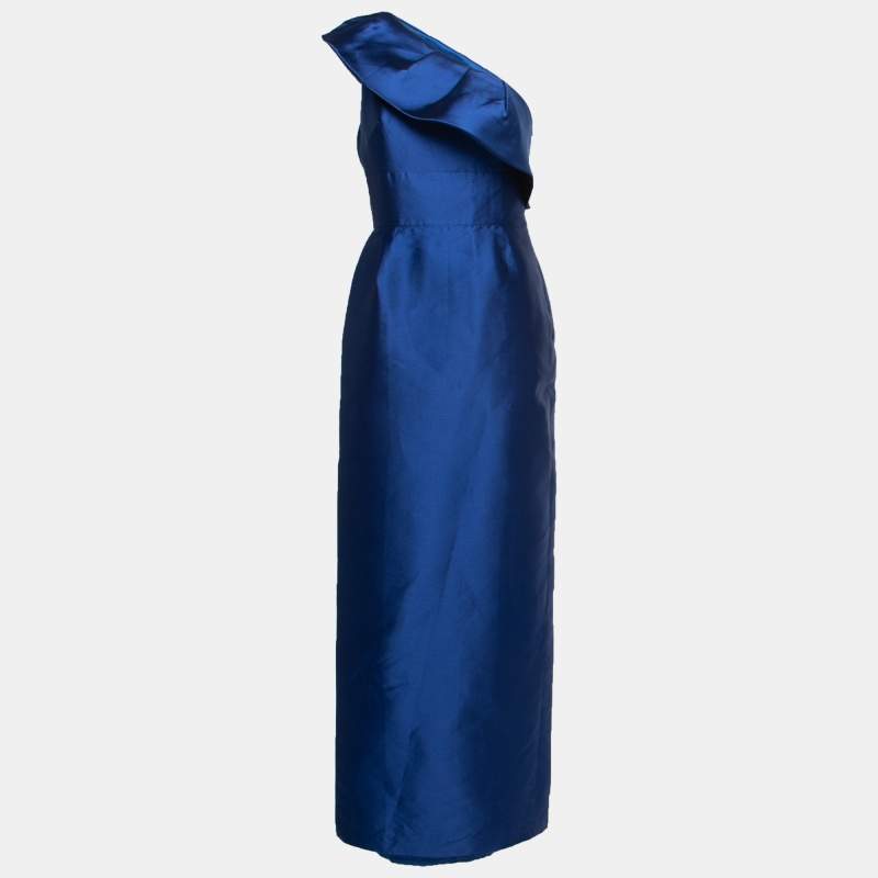 Monique Lhuillier Blue Silk One Shoulder Silk Gown S