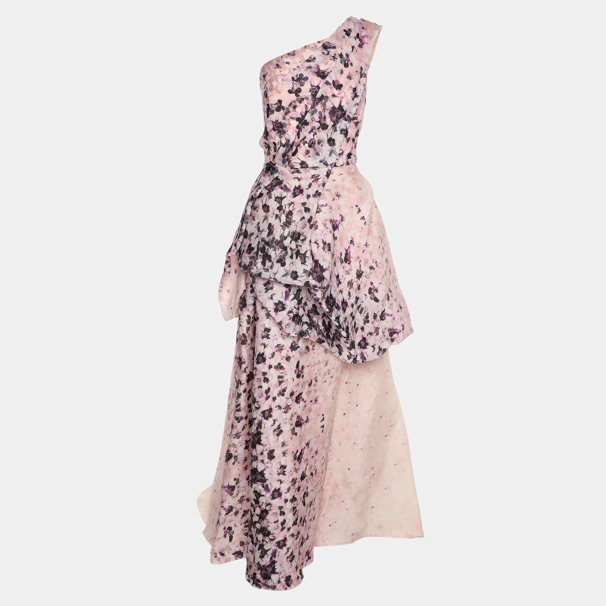 Monique Lhuillier Multicolor Floral Printed Silk One Shoulder Dress XL