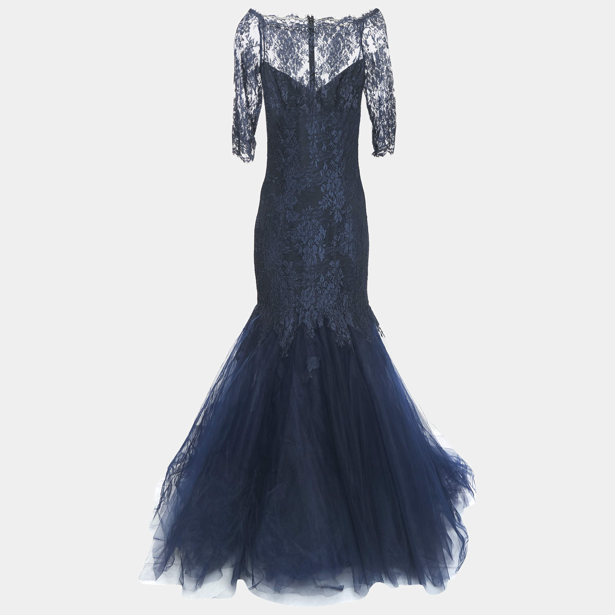 Monique Lhuillier Collection Navy Blue Floral Lace Layered Tulle Gown L