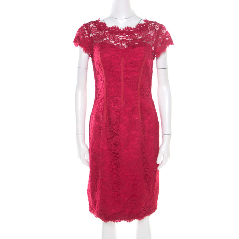 ML by Monique Lhuillier Pink Floral Lace Scalloped Trim Cut Out Back Detail Dress M