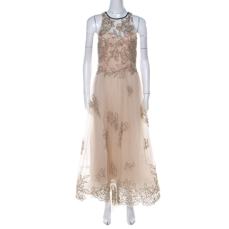 Monique Lhuillier Beige Tulle Sequin Embellished Evening Dress M 