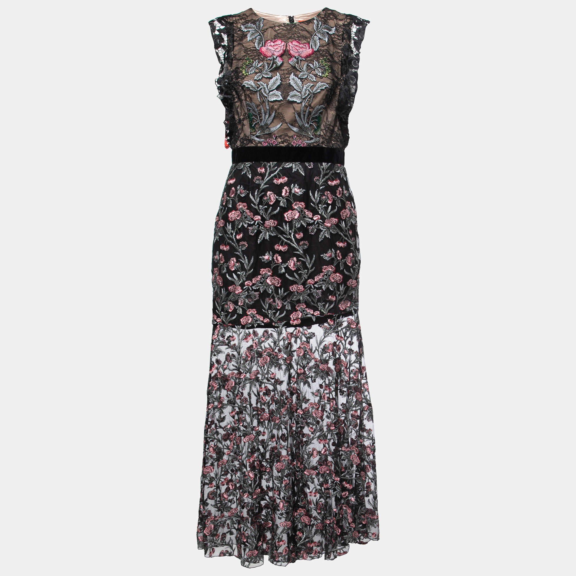 ML By Monique Lhuillier Black Floral Lace Sleeveless Gown L