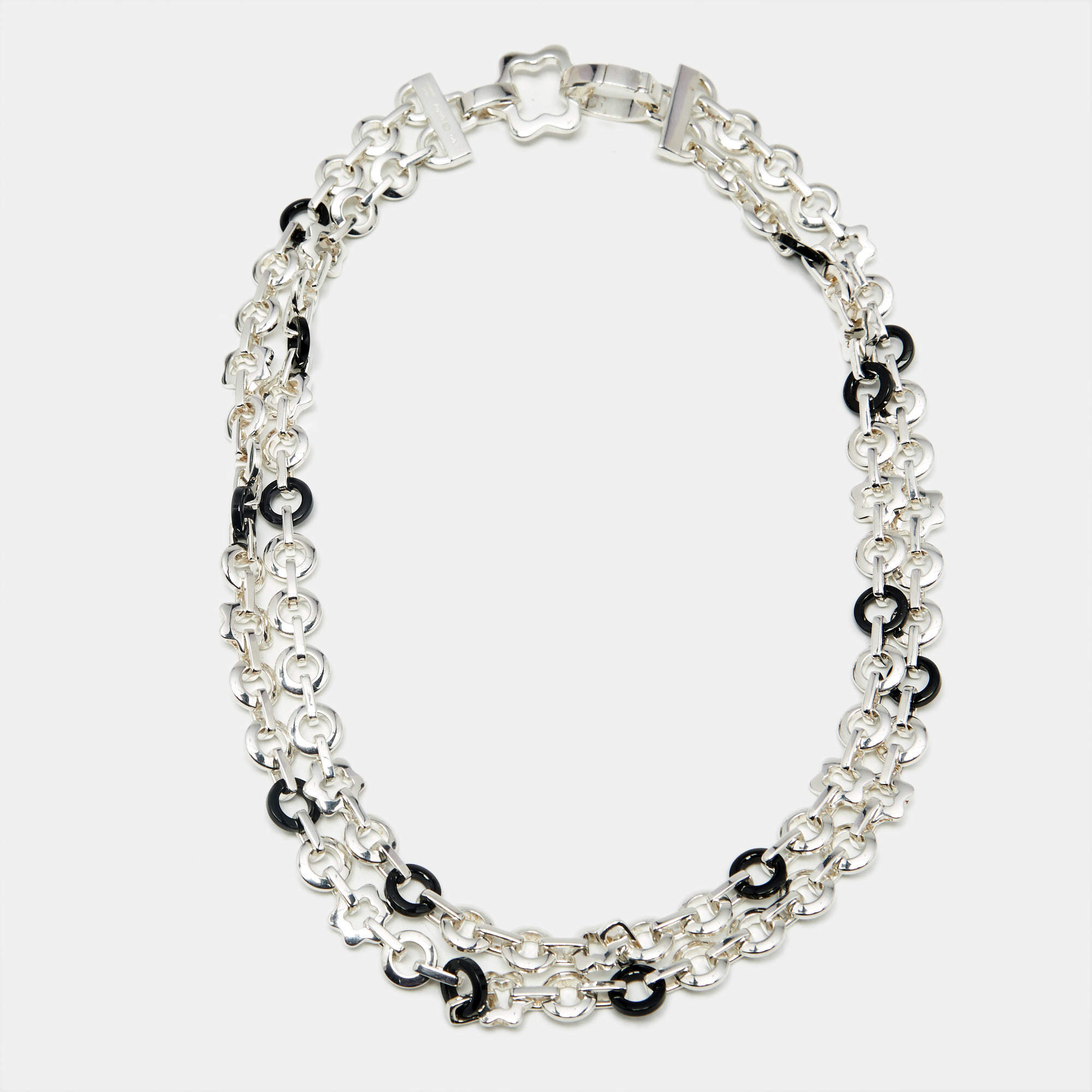 مملوكة مسبقًا Montblanc Signet Star Sterling Silver Onyx Link Chain Necklace