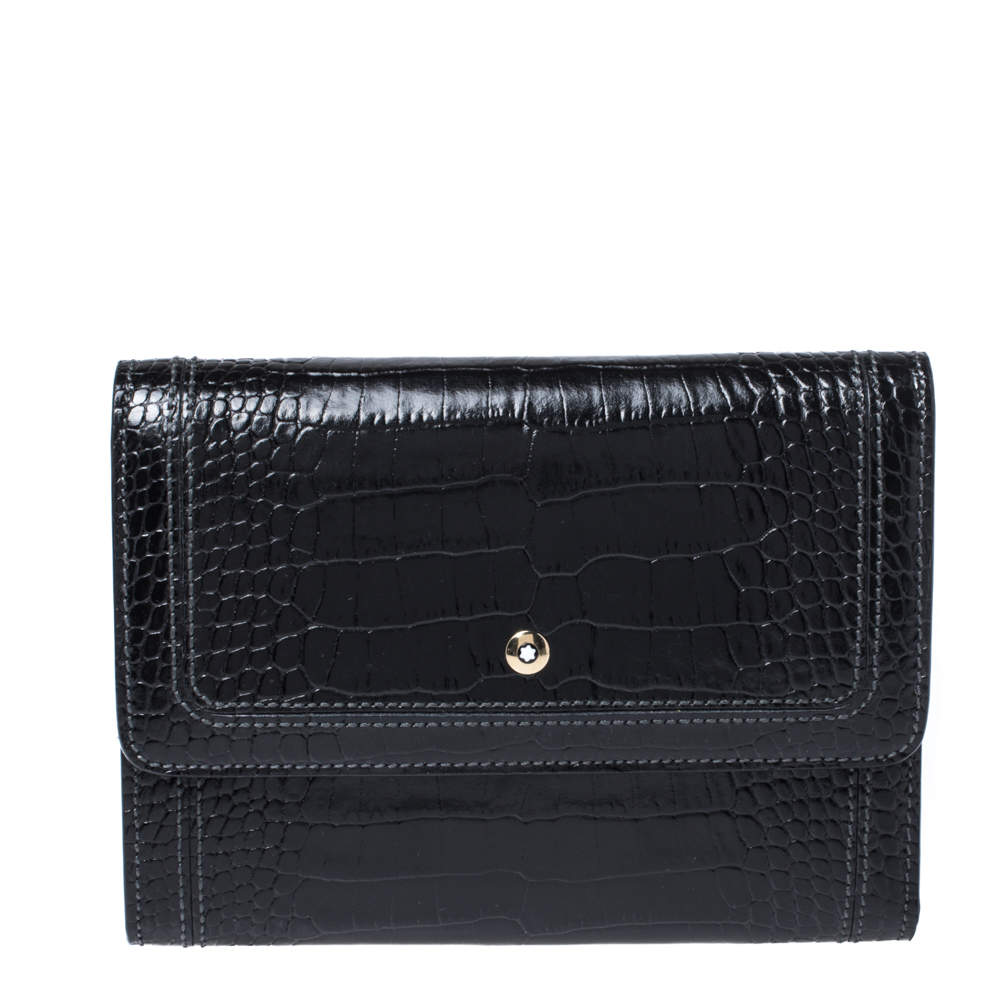 Pre Owned Montblanc Black Croc Embossed Leather Trifold Wallet