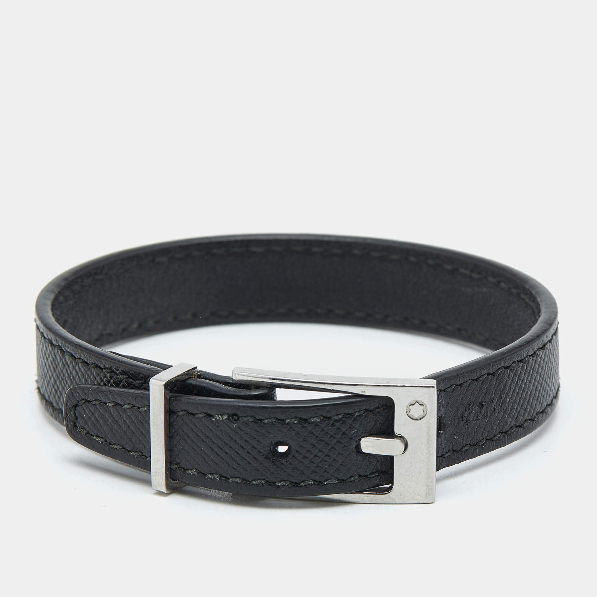 Pre Owned Montblanc Black Leather Silver Tone Bracelet
